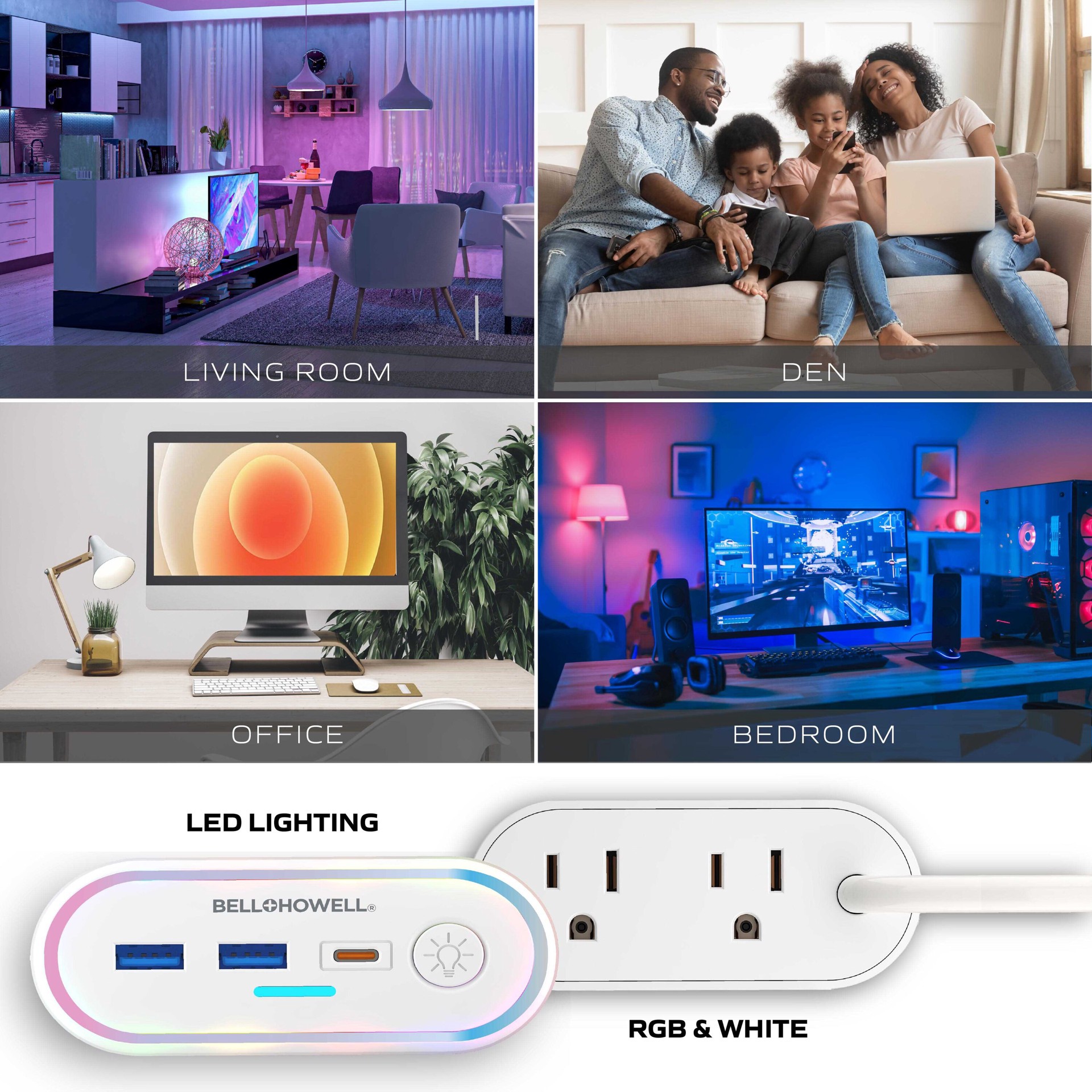slide 6 of 6, BELL + HOWELL 3-ft LED Surge 5 -Outlet 600 Joules 1250 -Watts 1100VA White Indoor USB AC Surge Protector, 1 ct