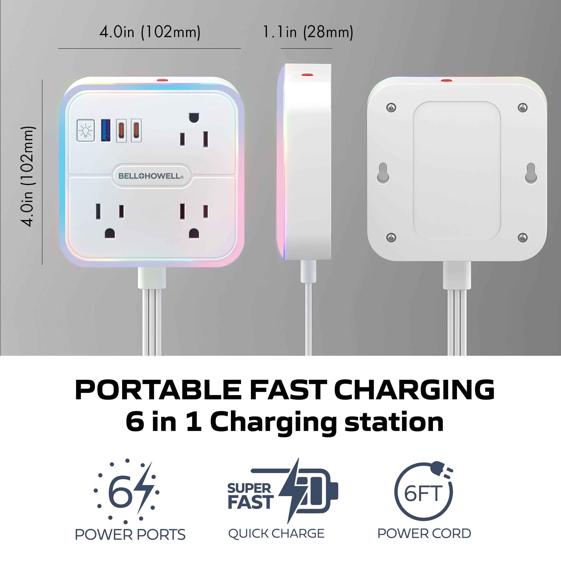 slide 2 of 6, BELL + HOWELL 6-ft RGB Surge 6 -Outlet 600 Joules 1875 -Watts 1875VA White Indoor USB AC Surge Protector, 1 ct