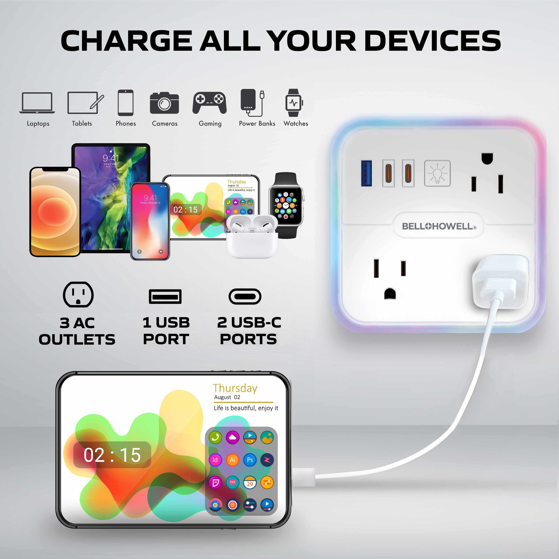 slide 3 of 6, BELL + HOWELL 6-ft RGB Surge 6 -Outlet 600 Joules 1875 -Watts 1875VA White Indoor USB AC Surge Protector, 1 ct