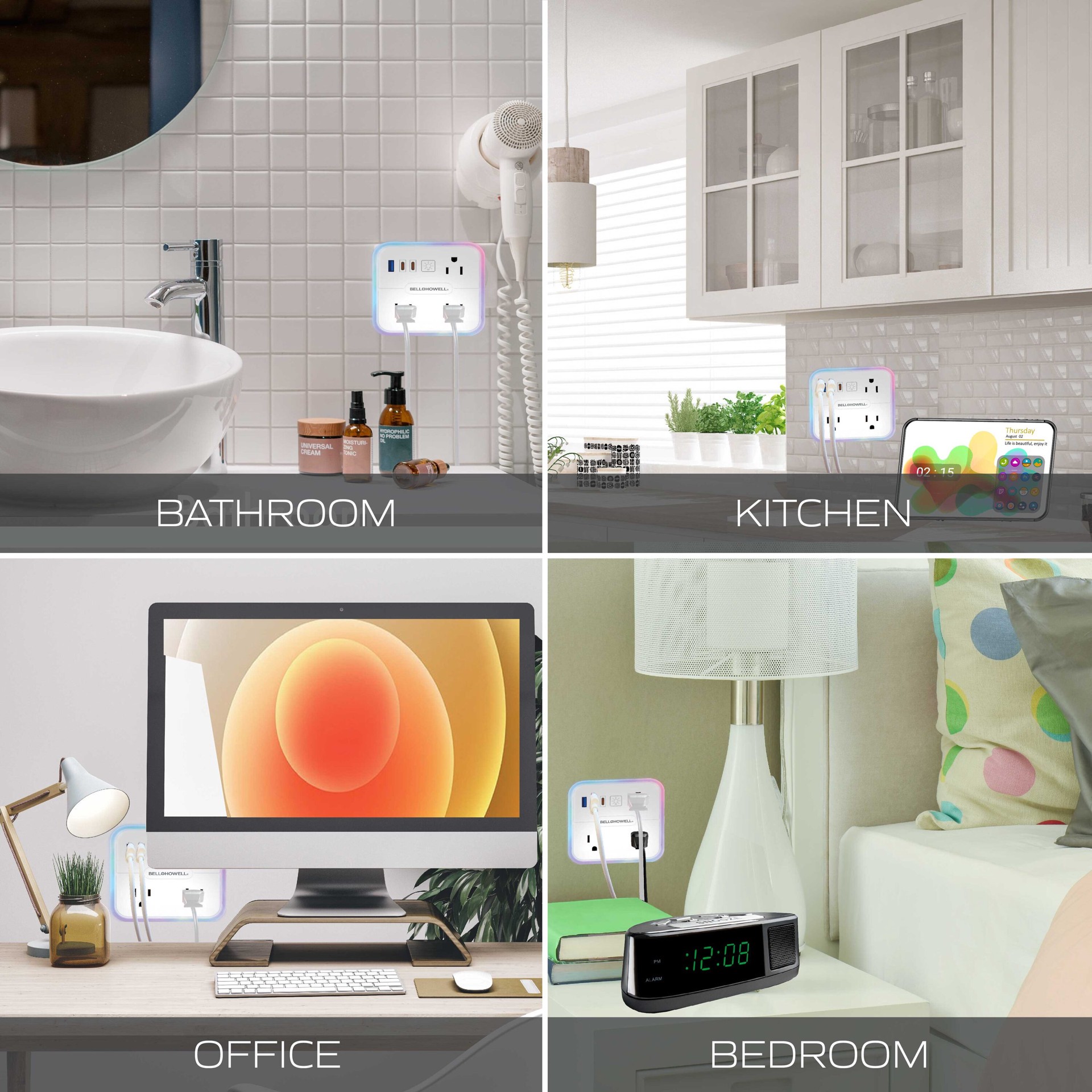 slide 6 of 6, BELL + HOWELL 6-ft RGB Surge 6 -Outlet 600 Joules 1875 -Watts 1875VA White Indoor USB AC Surge Protector, 1 ct