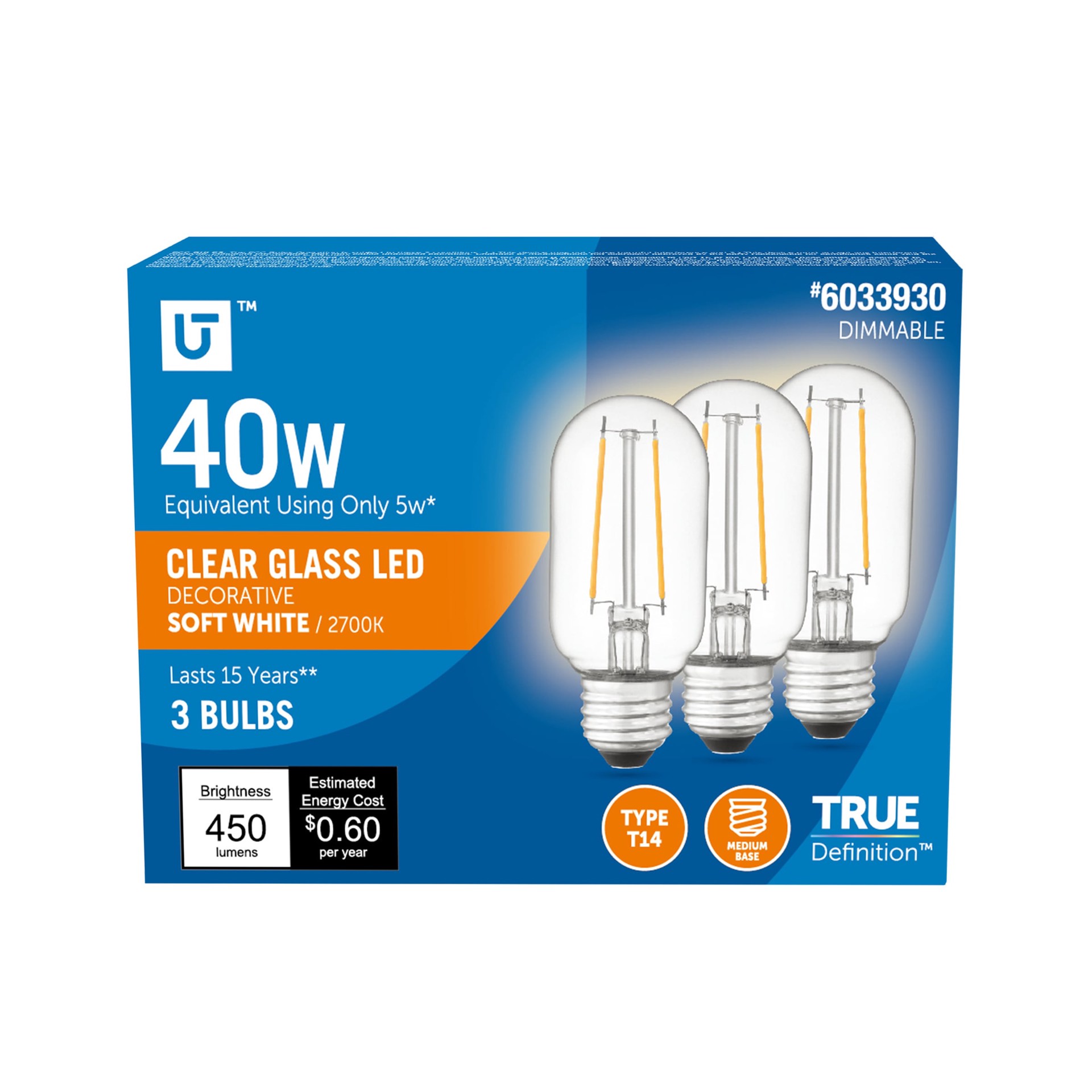slide 1 of 6, Utilitech 40 -Watt EQ T14 Soft white Screw bases Dimmable LED General purpose Light Bulb 3 -Pack, 1 ct