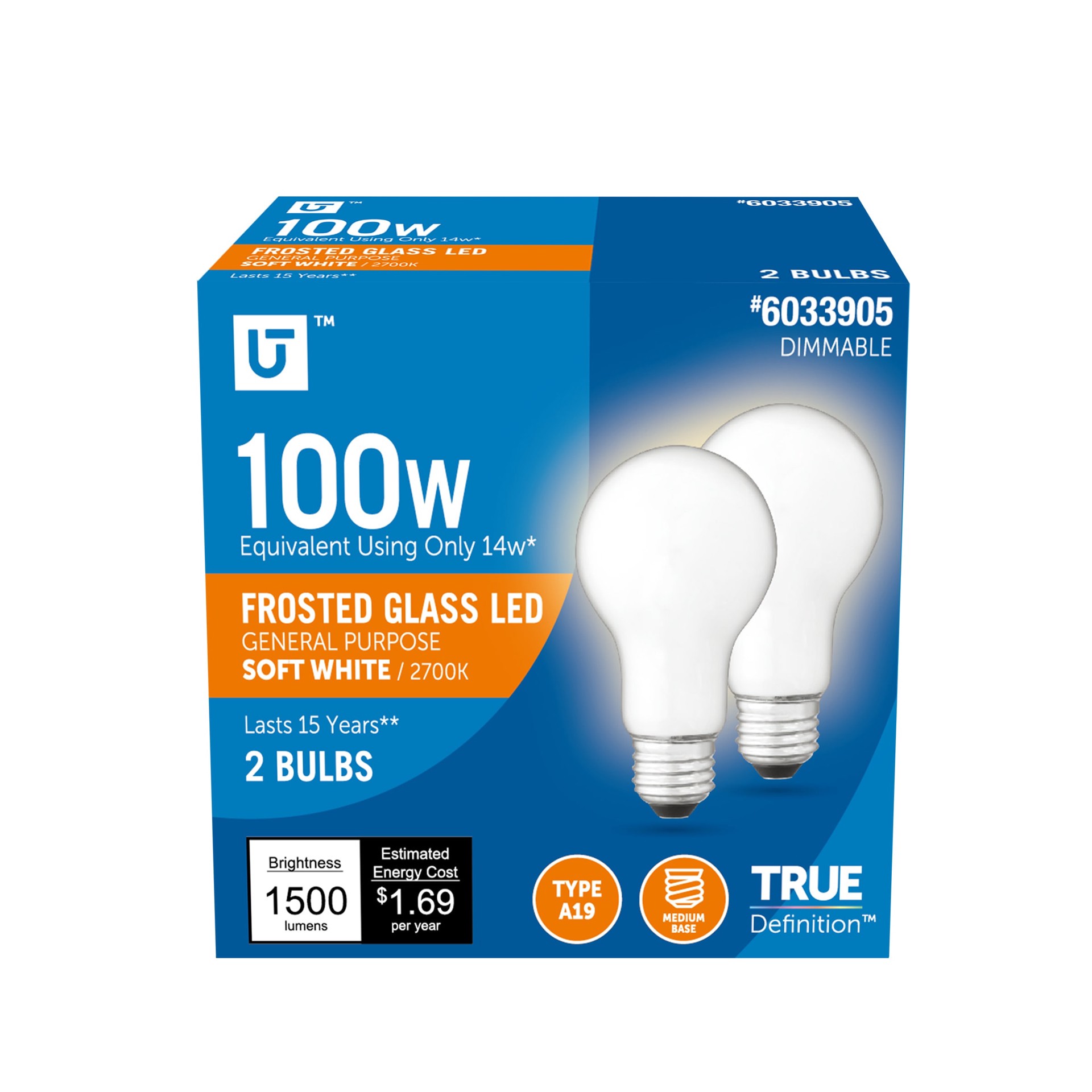 slide 1 of 6, Utilitech 100 -Watt EQ A19 Soft white Screw bases Dimmable LED General purpose Light Bulb 2 -Pack, 1 ct