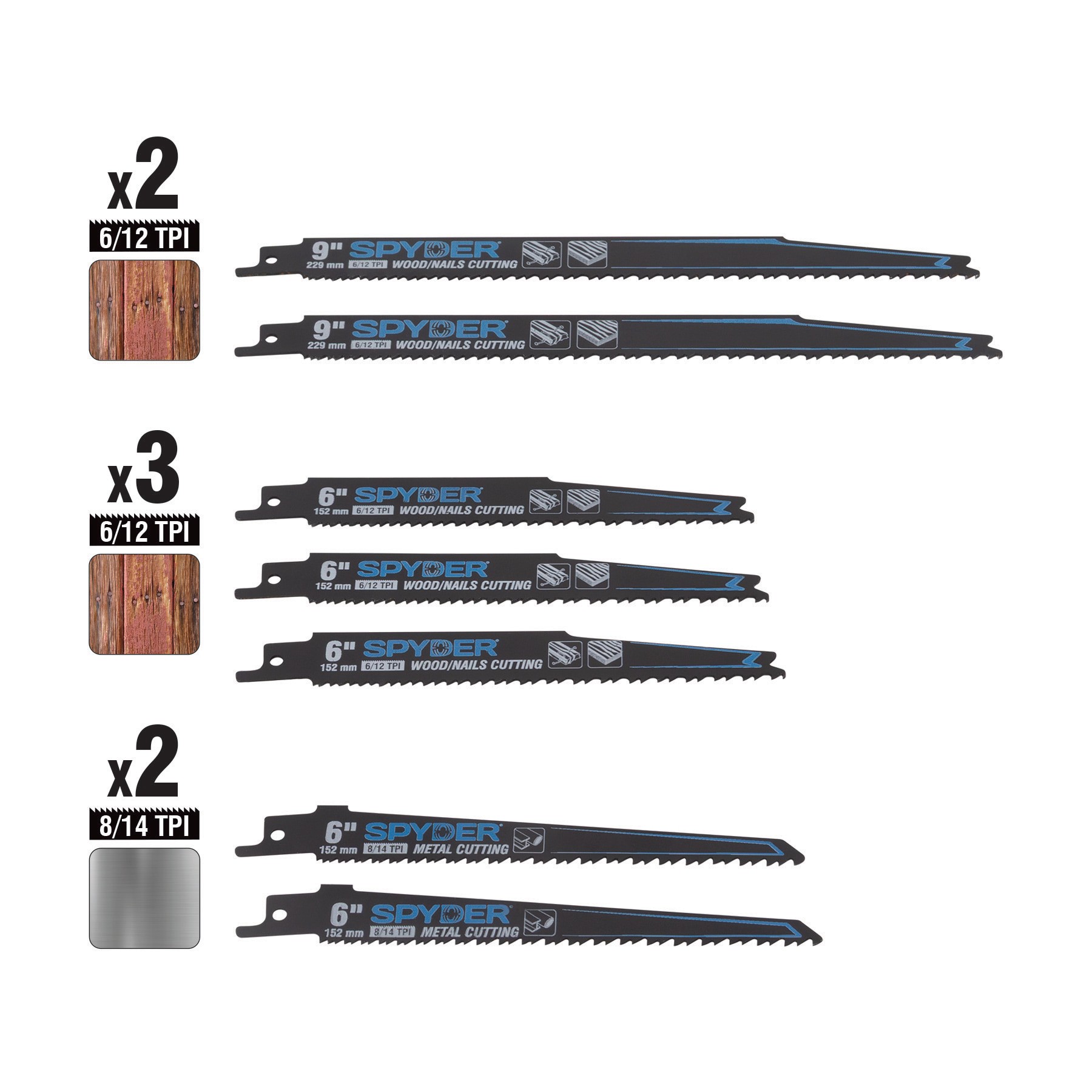 slide 3 of 6, Spyder Black Series Bi-metal Wood/Metal cutting Reciprocating Saw Blade Set 7 -Pack, 1 ct