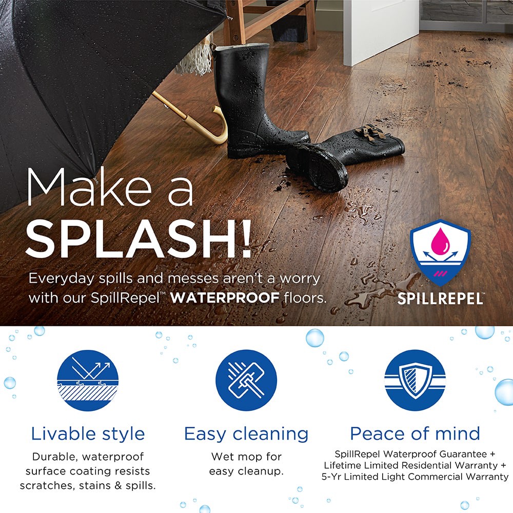 slide 5 of 6, QuickStep Studio + Spill Repel Distressed Oak 12-mm T x 6-in W x 48-in L Waterproof Laminate Wood Flooring ( 16.12-sq ft / Carton ), 1 ct