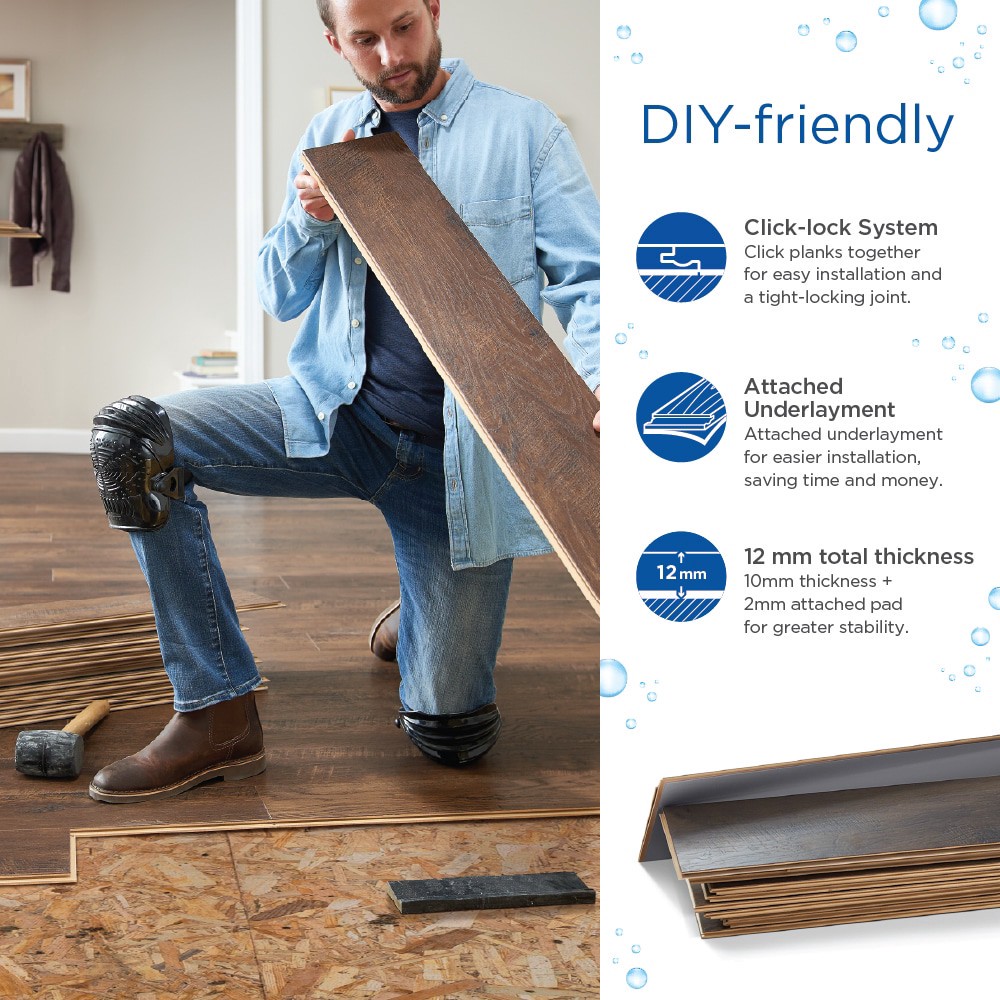 slide 6 of 6, QuickStep Studio + Spill Repel Distressed Oak 12-mm T x 6-in W x 48-in L Waterproof Laminate Wood Flooring ( 16.12-sq ft / Carton ), 1 ct