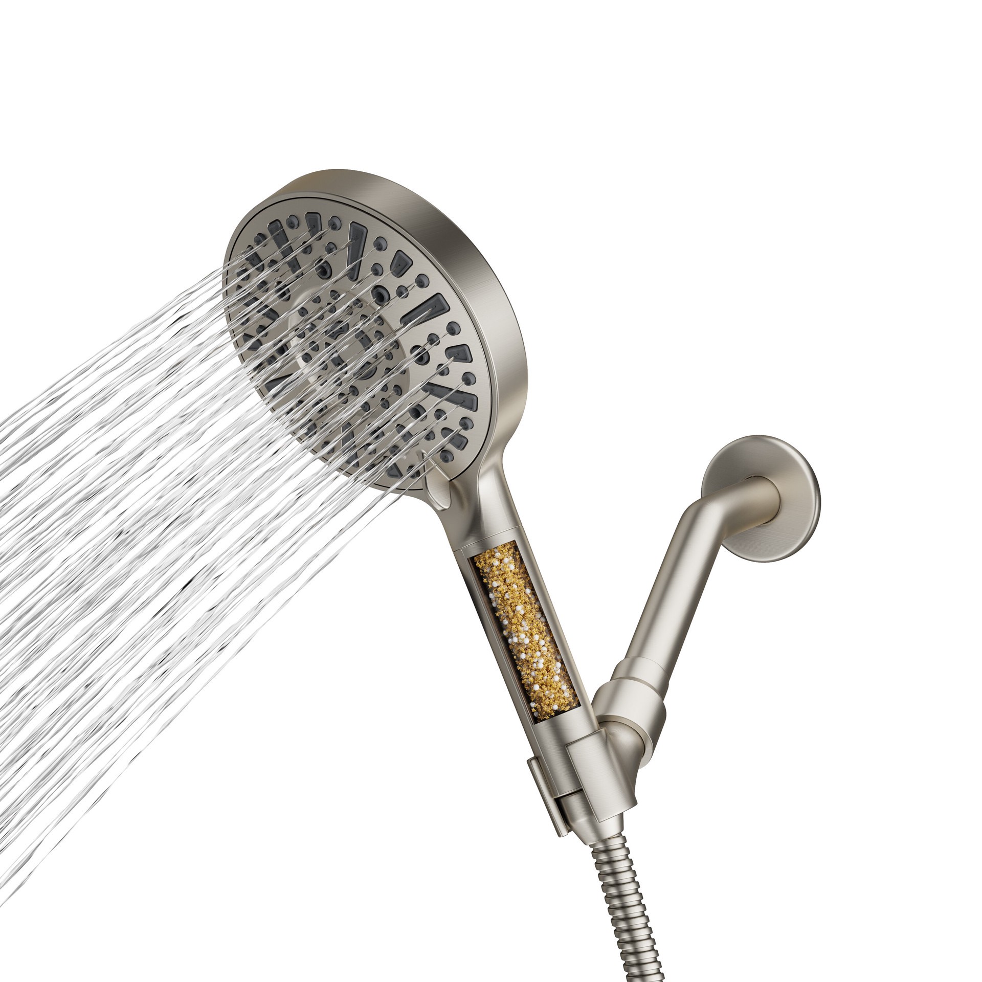 slide 2 of 6, allen + roth Kensley 9 -Spray Brushed Nickel 4-in Round Filtered Handheld Shower Head 1.8 GPM, 1 ct