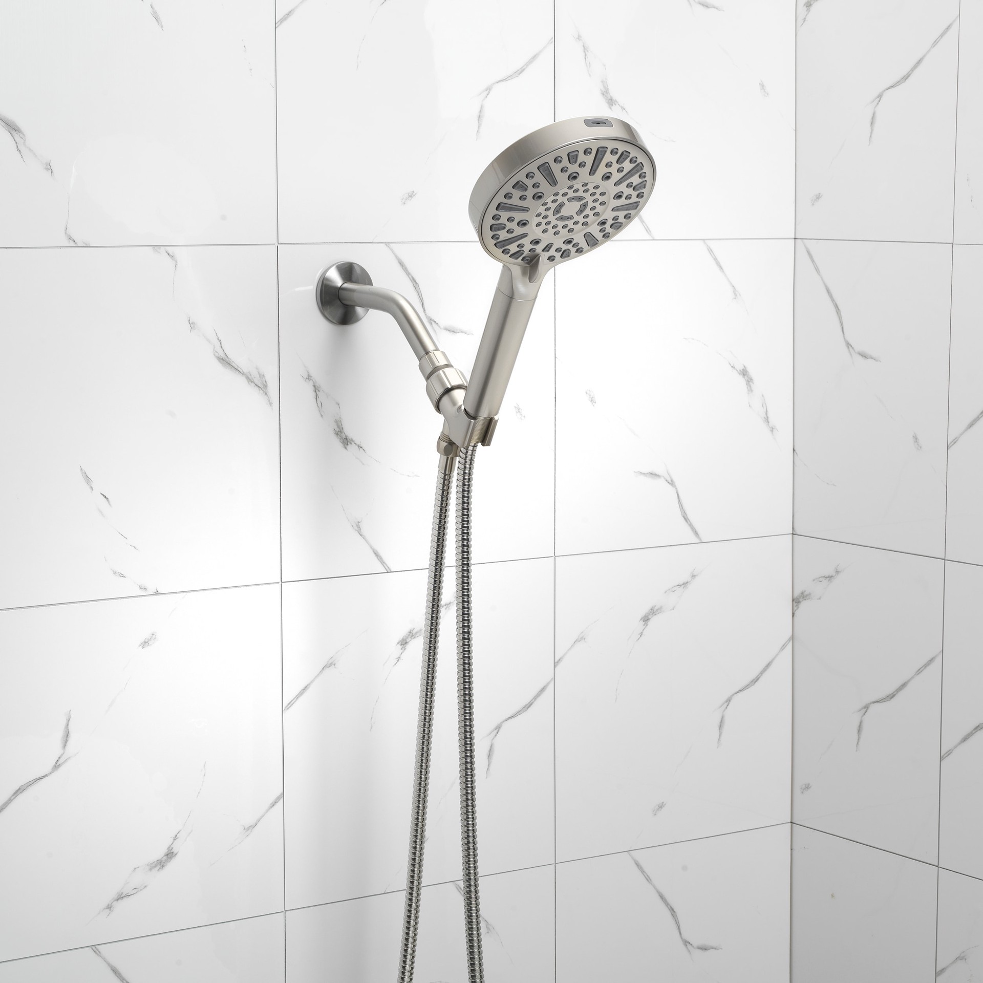 slide 3 of 6, allen + roth Kensley 9 -Spray Brushed Nickel 4-in Round Filtered Handheld Shower Head 1.8 GPM, 1 ct
