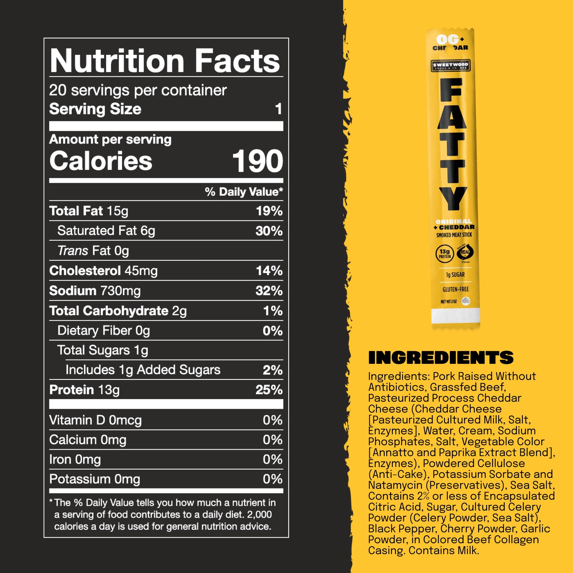 slide 2 of 3, FATTY Cheddar Beef and Pork Meat Snacks, 1 ct
