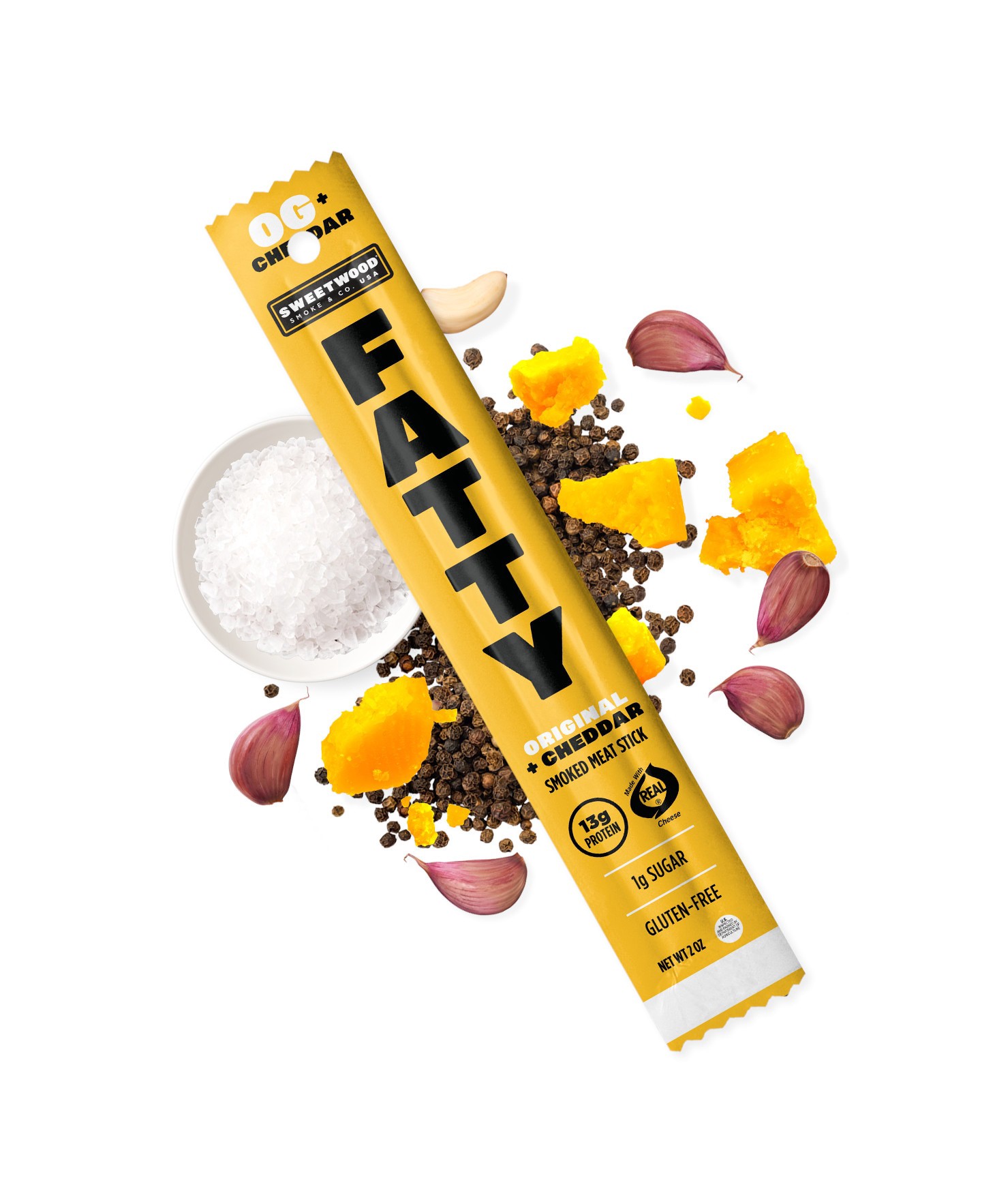 slide 3 of 3, FATTY Cheddar Beef and Pork Meat Snacks, 1 ct