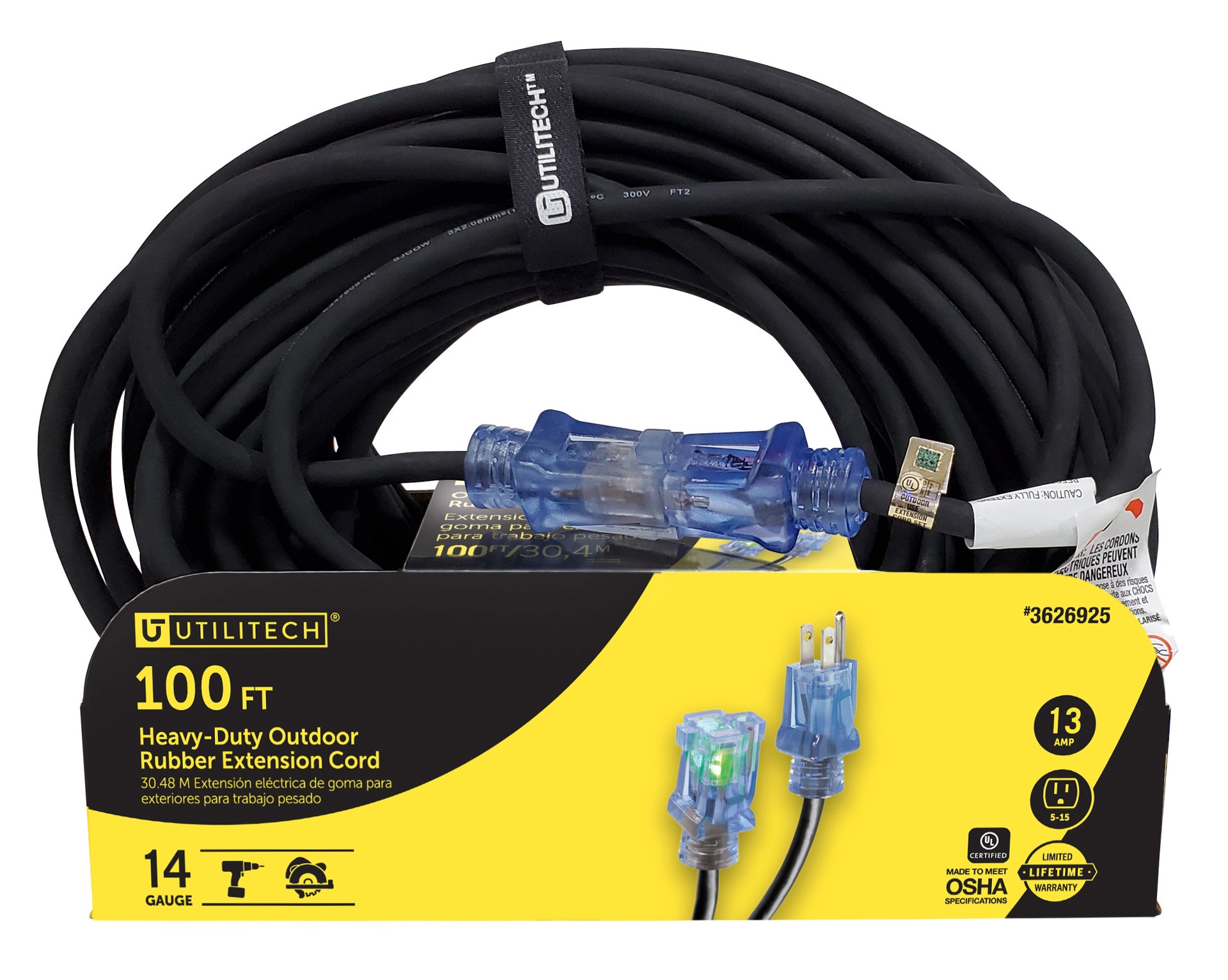 slide 1 of 1, Utilitech 100-ft 14 / 3 Heavy Duty 3 Prong Black Indoor/Outdoor Extension Power Cord, 1 ct