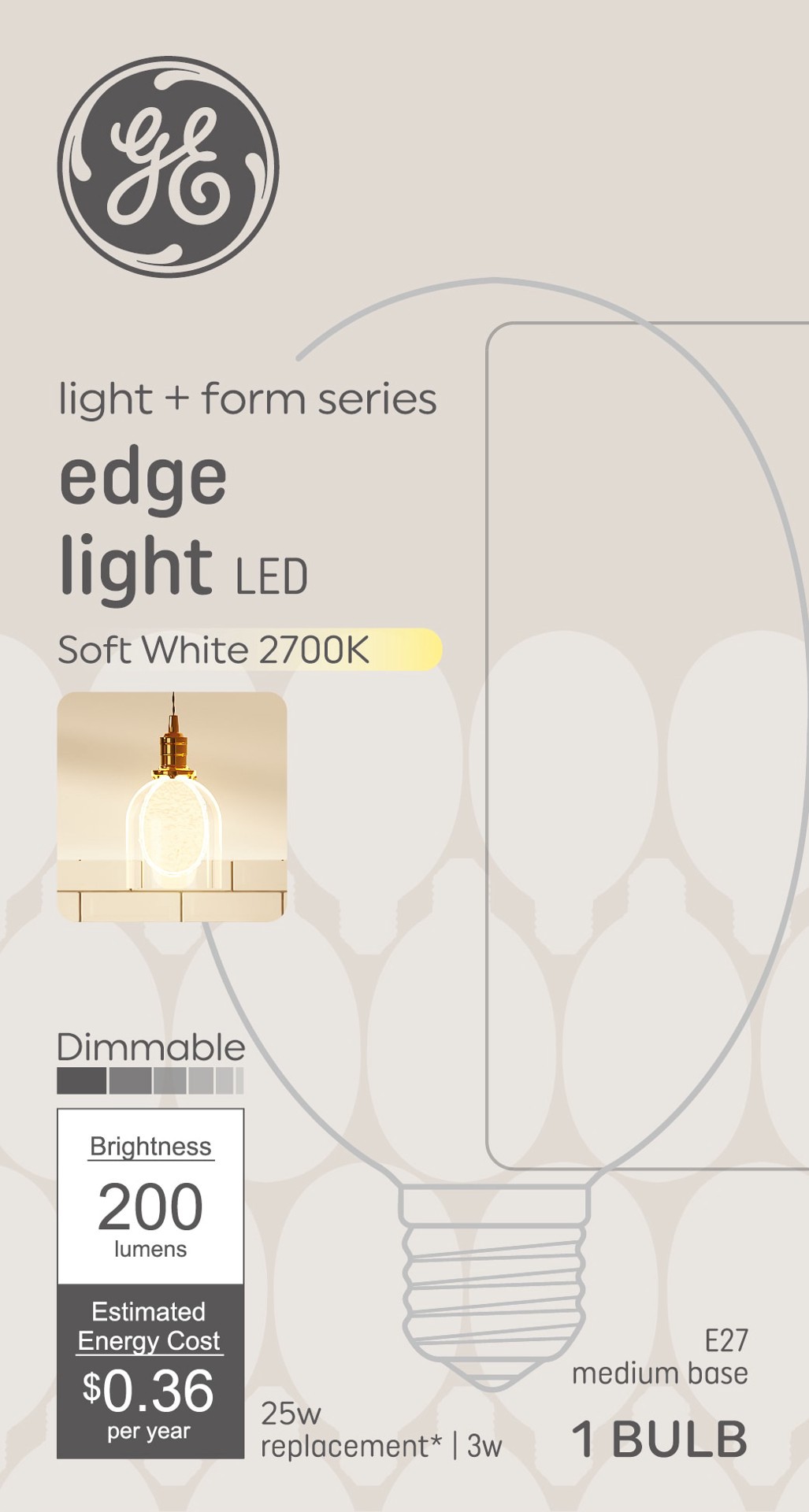 slide 3 of 6, GE Light + Form Series Edge Lit 25 -Watt EQ Soft white Dimmable LED Decorative Light Bulb, 1 ct