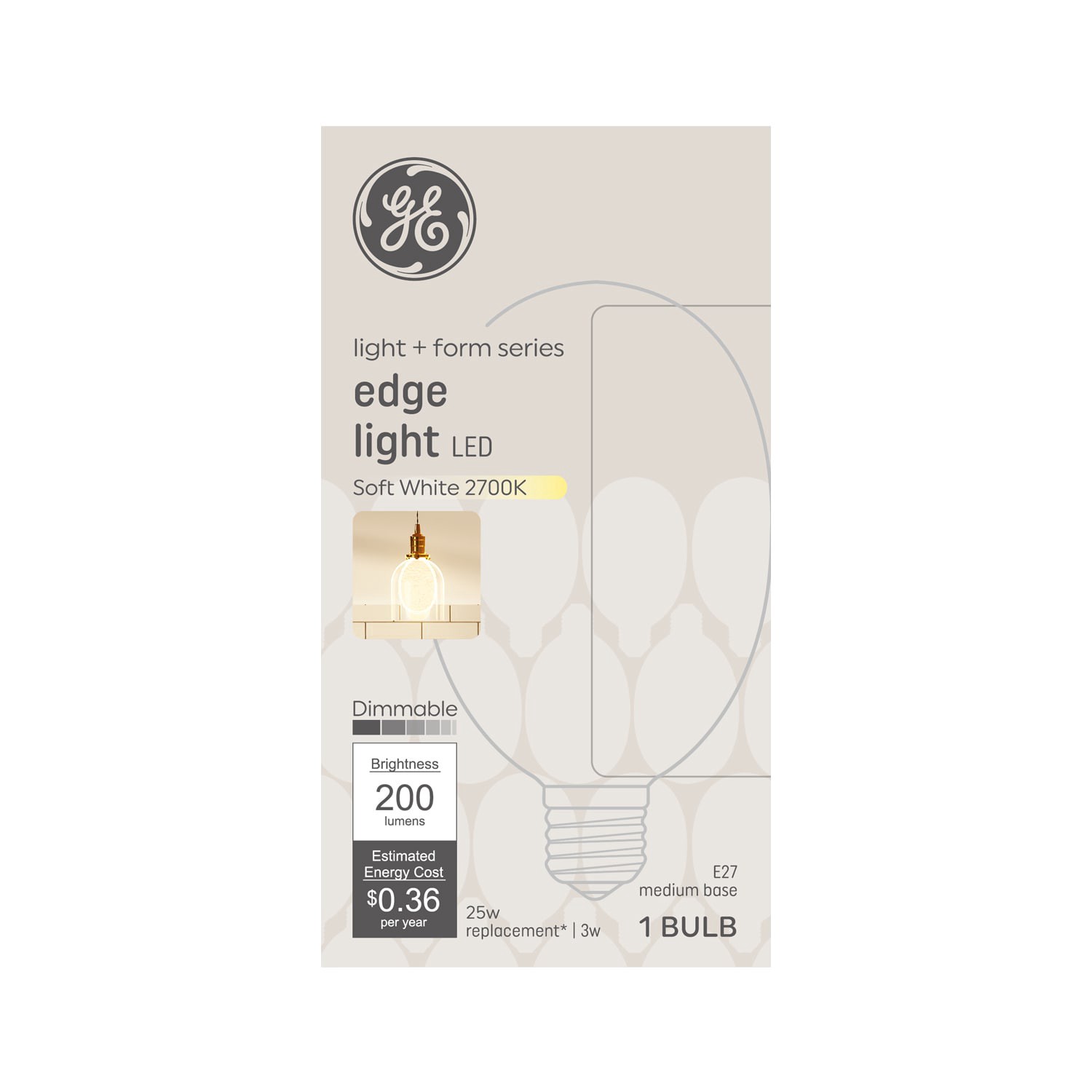 slide 4 of 6, GE Light + Form Series Edge Lit 25 -Watt EQ Soft white Dimmable LED Decorative Light Bulb, 1 ct