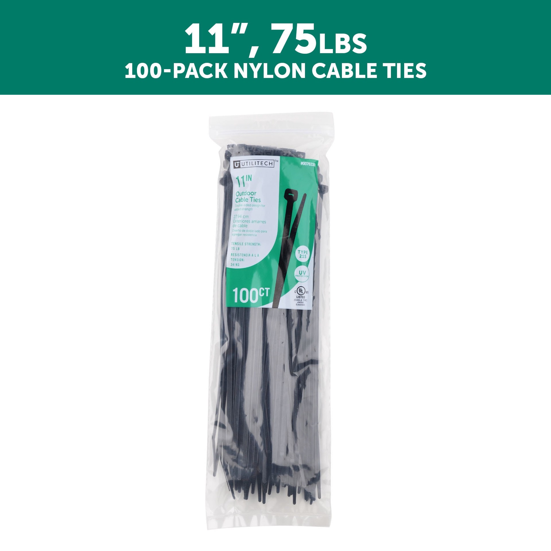 slide 2 of 6, Utilitech 11-in 75-lb Tensile Strength Nylon Zip ties Black with UV Protection 100 -Pack, 1 ct