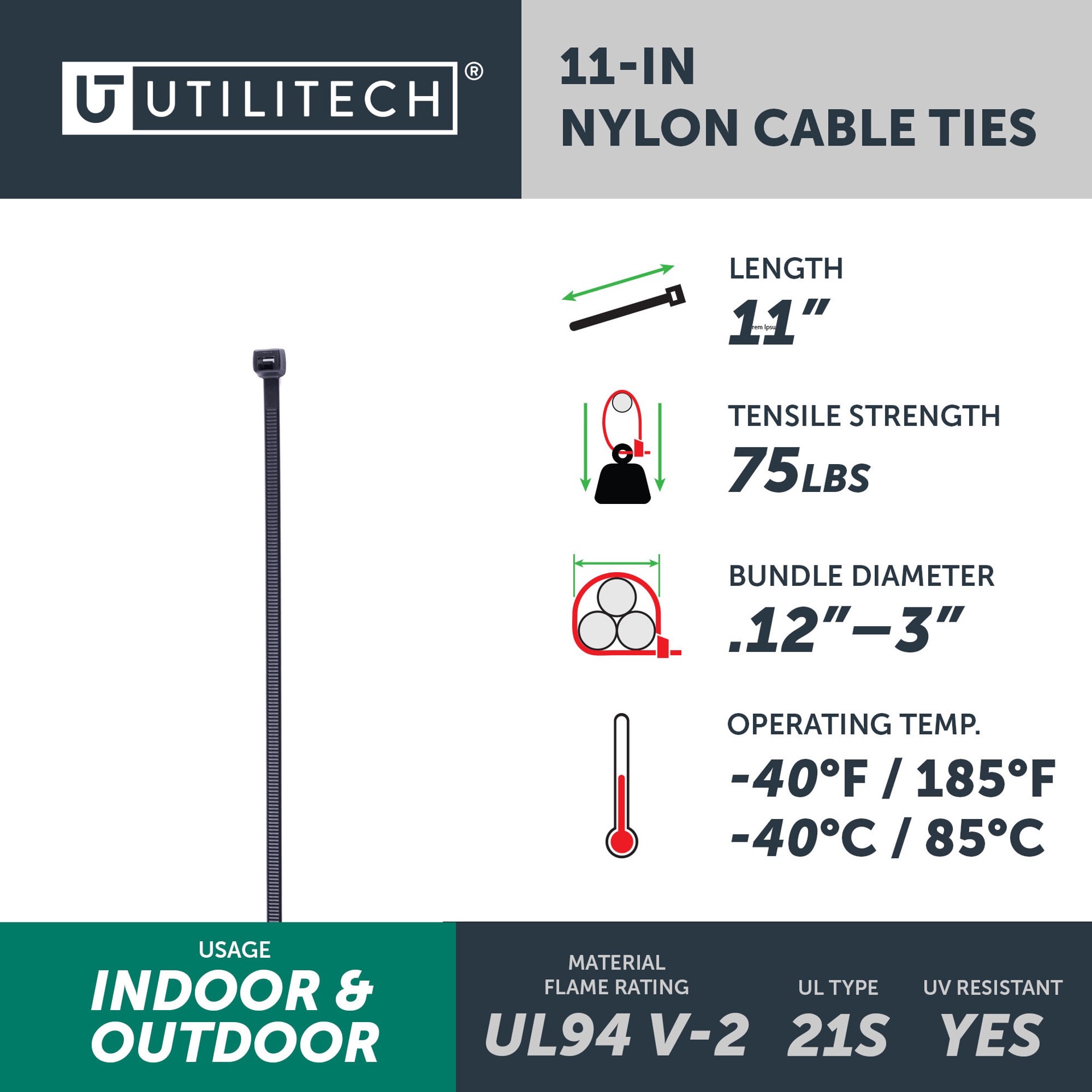 slide 4 of 6, Utilitech 11-in 75-lb Tensile Strength Nylon Zip ties Black with UV Protection 100 -Pack, 1 ct