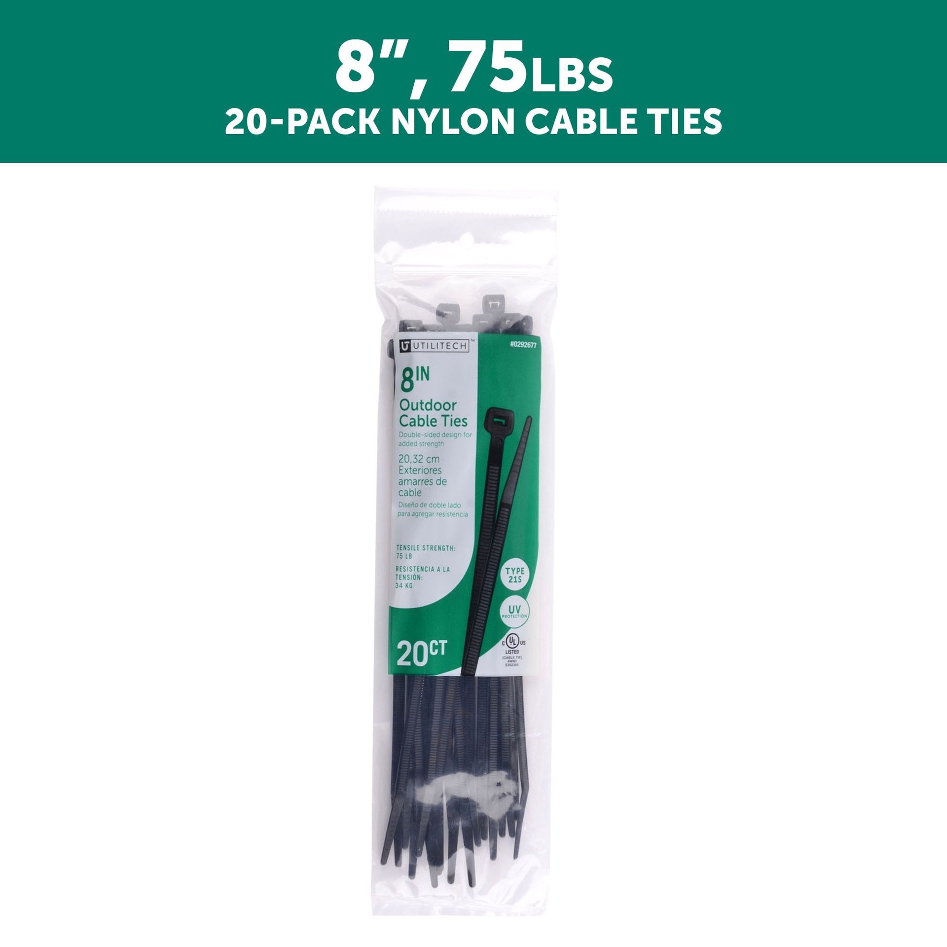 slide 2 of 6, Utilitech 8-in 75-lb Tensile Strength Nylon Zip ties Black with UV Protection 20 -Pack, 1 ct