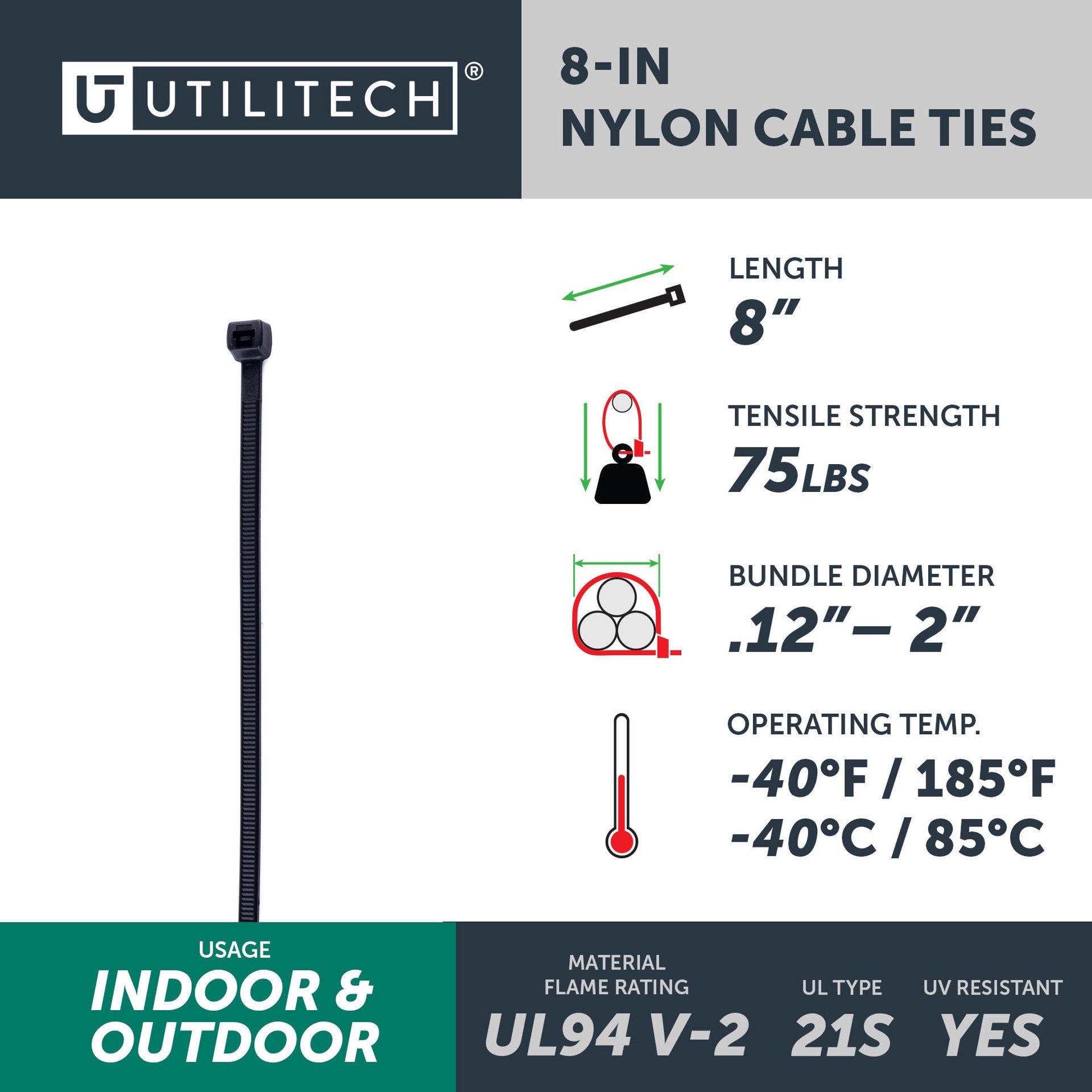 slide 4 of 6, Utilitech 8-in 75-lb Tensile Strength Nylon Zip ties Black with UV Protection 20 -Pack, 1 ct