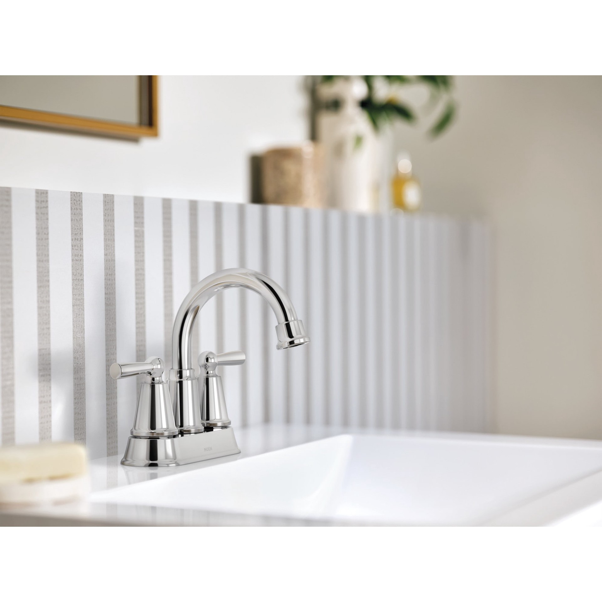 slide 2 of 6, Moen Caldwell Chrome 4-in centerset 2-handle WaterSense High-arc Residential Handle Bathroom Sink Faucet with Drain, 1 ct