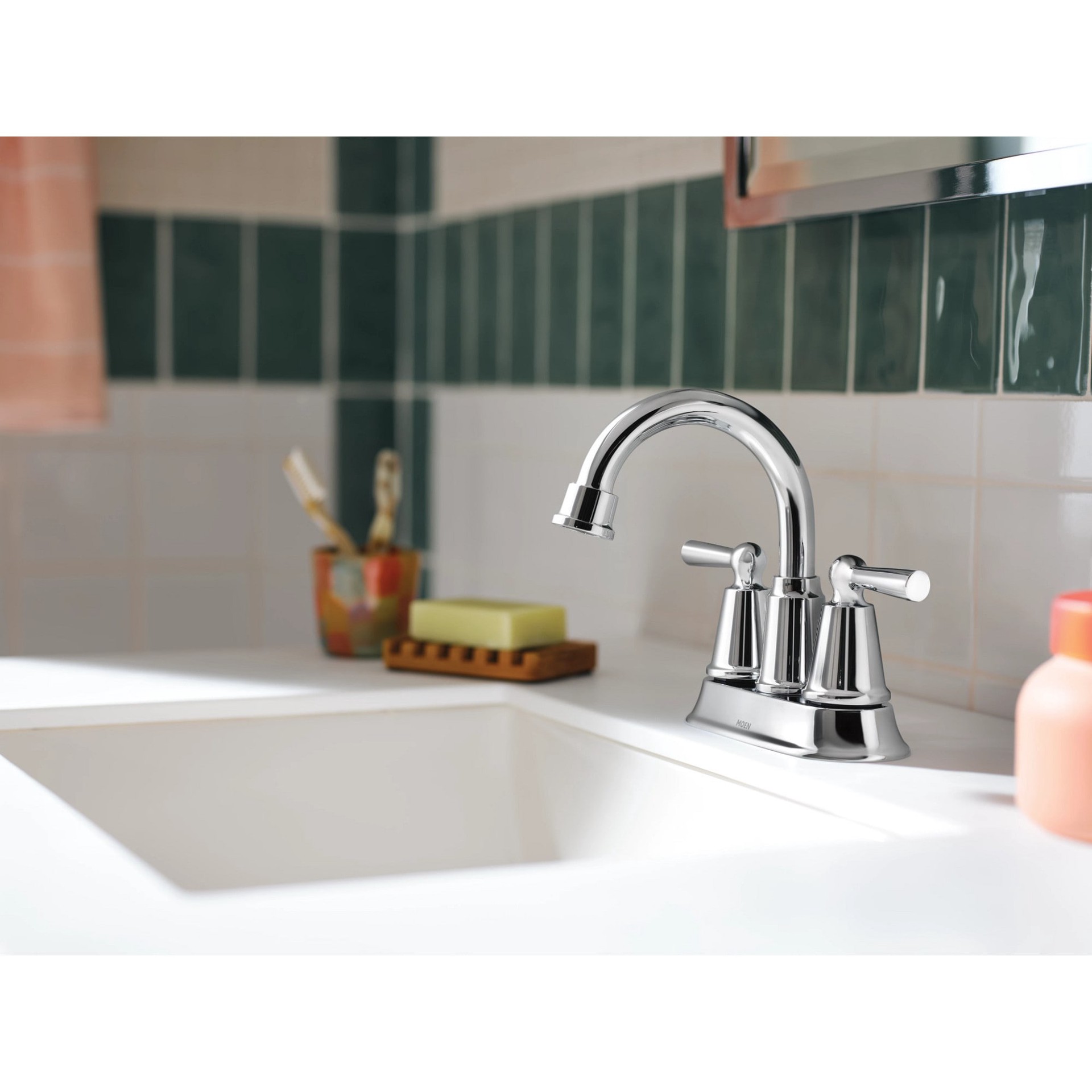 slide 3 of 6, Moen Caldwell Chrome 4-in centerset 2-handle WaterSense High-arc Residential Handle Bathroom Sink Faucet with Drain, 1 ct