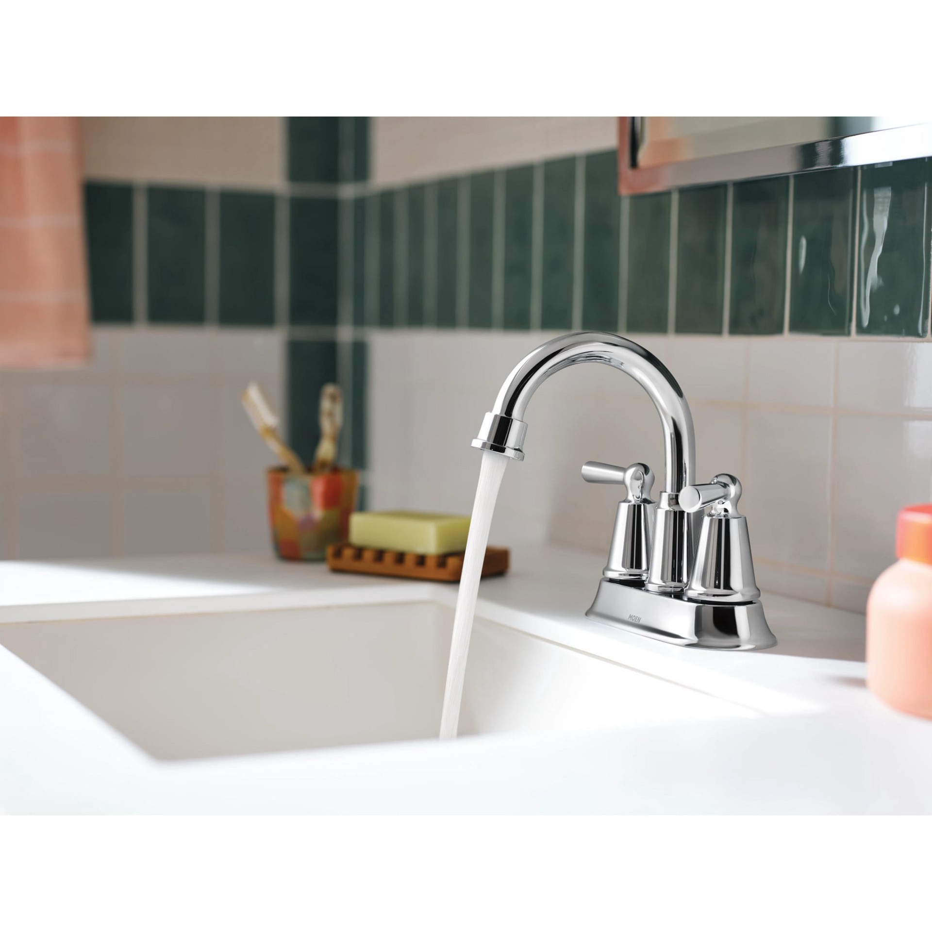 slide 5 of 6, Moen Caldwell Chrome 4-in centerset 2-handle WaterSense High-arc Residential Handle Bathroom Sink Faucet with Drain, 1 ct