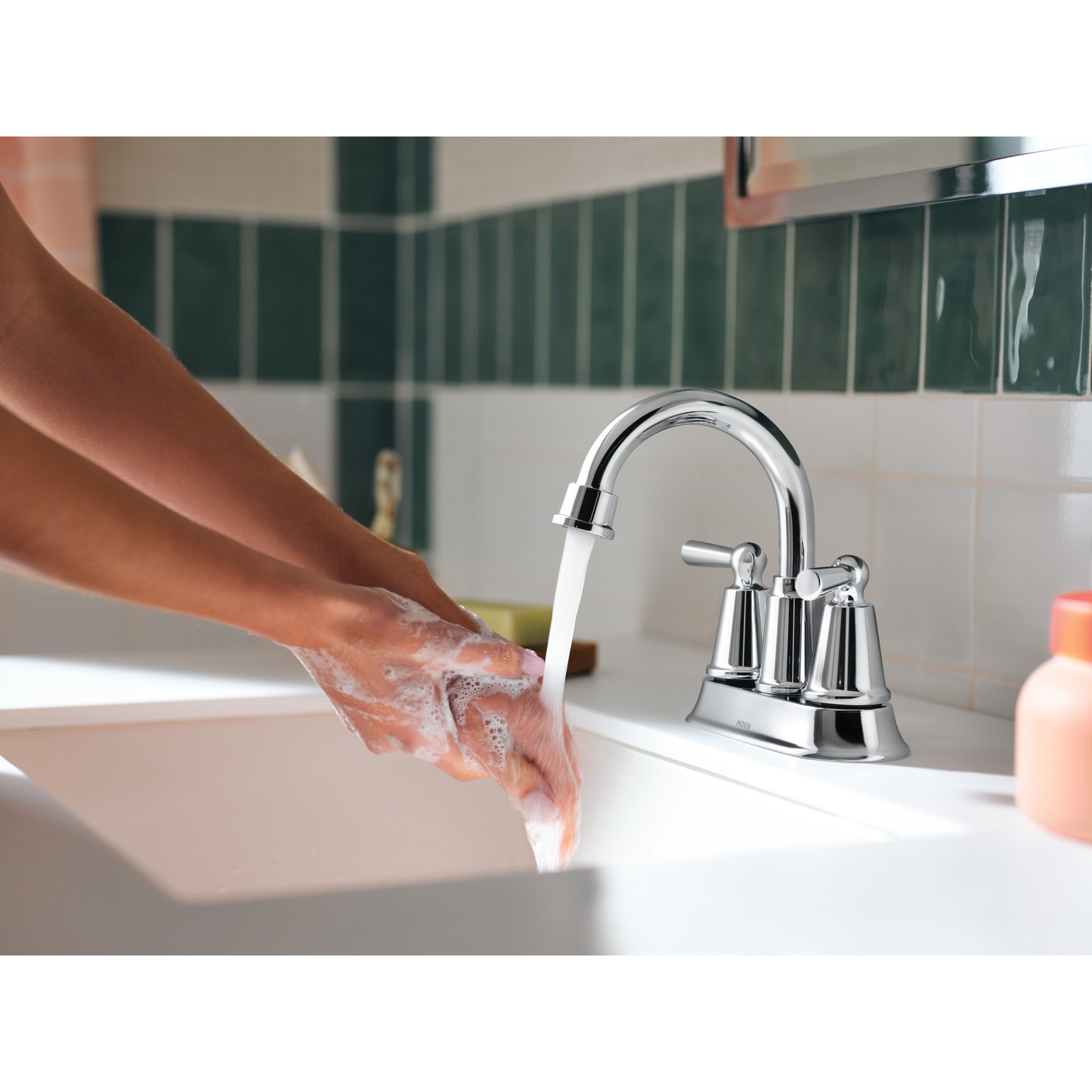 slide 6 of 6, Moen Caldwell Chrome 4-in centerset 2-handle WaterSense High-arc Residential Handle Bathroom Sink Faucet with Drain, 1 ct