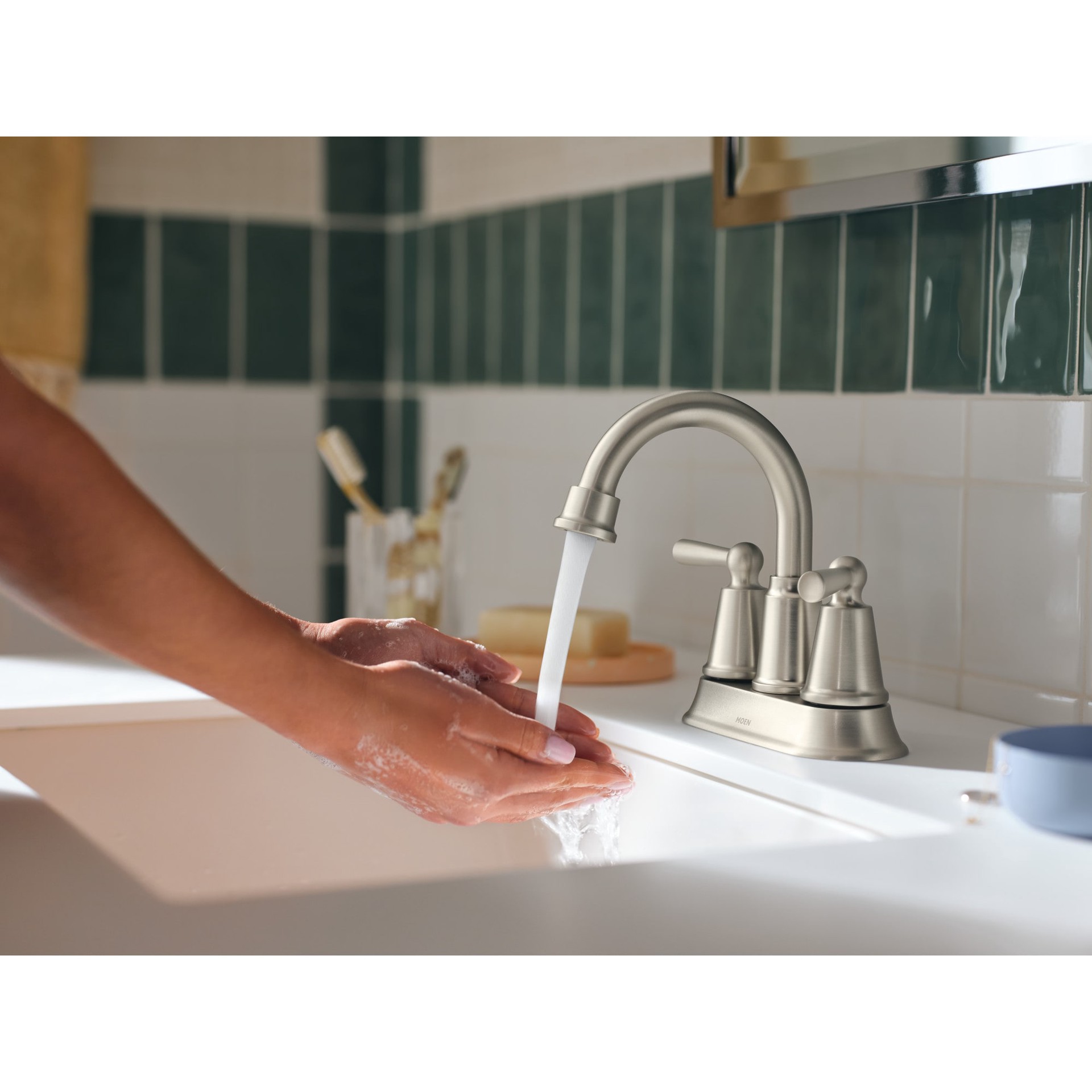 slide 2 of 6, Moen Caldwell Spot Resist Brushed Nickel 4-in centerset 2-handle WaterSense High-arc Residential Handle Bathroom Sink Faucet with Drain, 1 ct