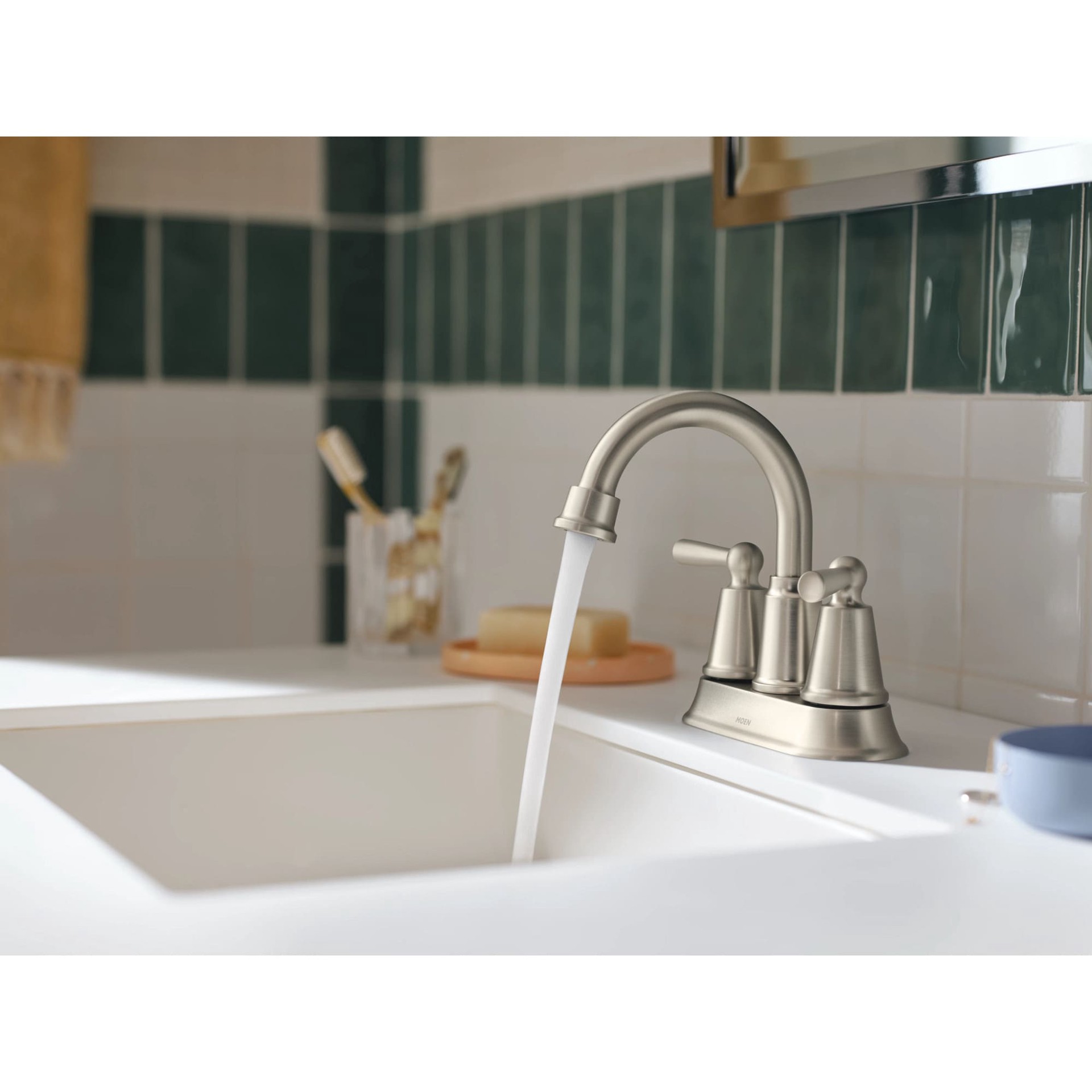 slide 6 of 6, Moen Caldwell Spot Resist Brushed Nickel 4-in centerset 2-handle WaterSense High-arc Residential Handle Bathroom Sink Faucet with Drain, 1 ct