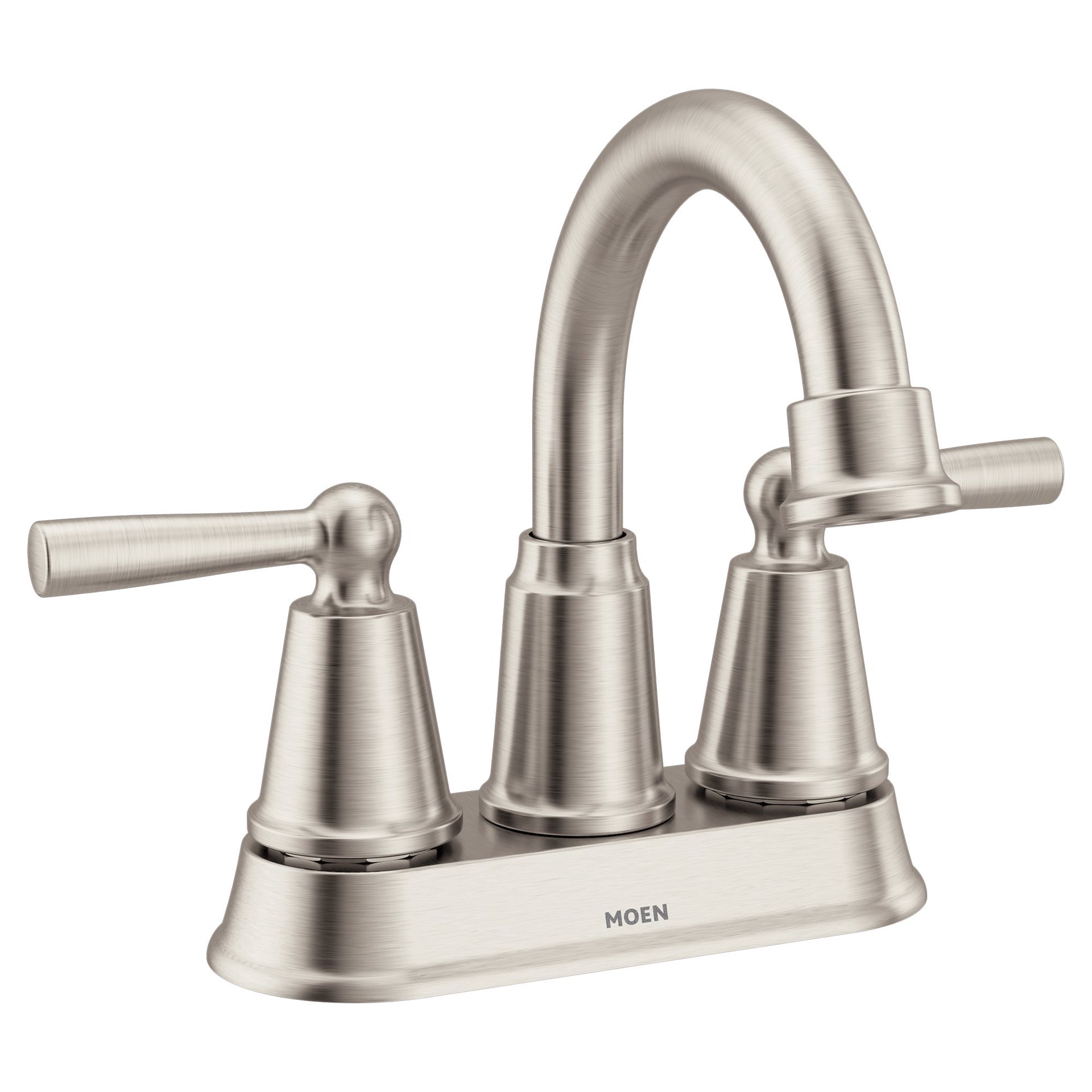 slide 1 of 6, Moen Caldwell Spot Resist Brushed Nickel 4-in centerset 2-handle WaterSense High-arc Residential Handle Bathroom Sink Faucet with Drain, 1 ct