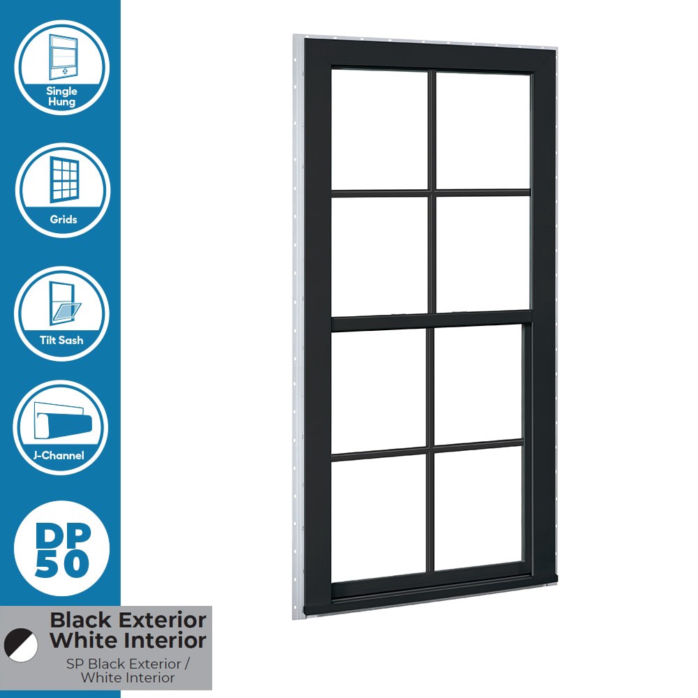 slide 2 of 6, RELIABILT Series 28100 31-1/2-in x 59-1/2-in Black Exterior Vinyl New Construction Single Hung Window Low-E argon Double Pane Glass with Grids, (Half Screen Included), 1 ct
