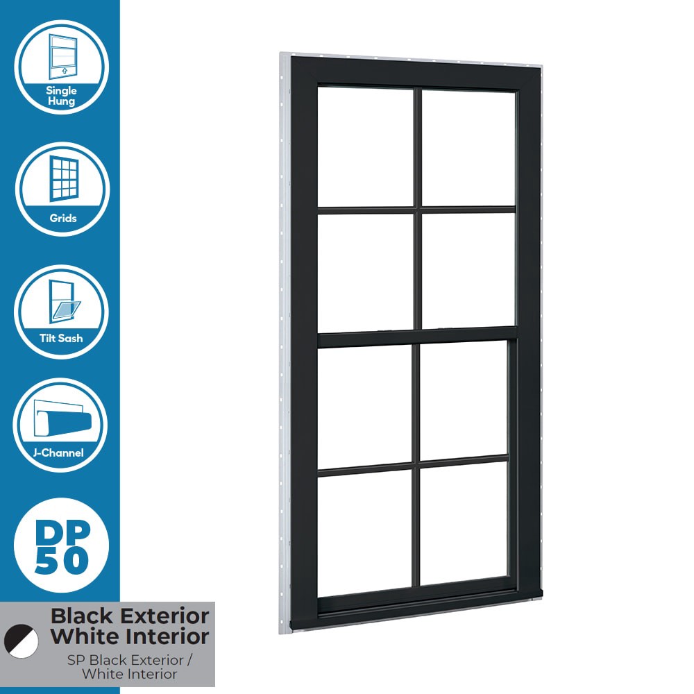 slide 2 of 6, RELIABILT Series 28100 31-1/2-in x 35-1/2-in Black Exterior Vinyl New Construction Single Hung Window Low-E argon Double Pane Glass with Grids, (Half Screen Included), 1 ct