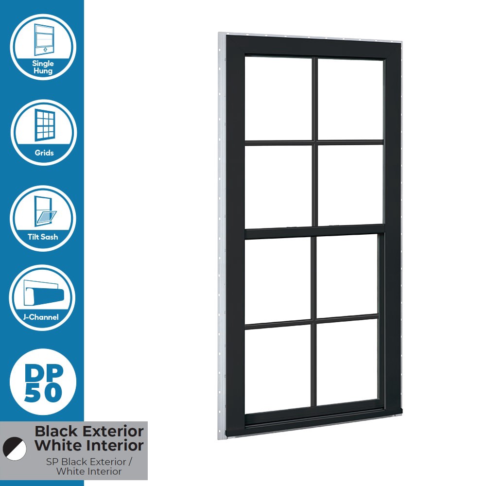 slide 2 of 6, RELIABILT Series 28100 35-1/2-in x 51-1/2-in Black Exterior Vinyl New Construction Single Hung Window Low-E argon Double Pane Glass with Grids, (Half Screen Included), 1 ct