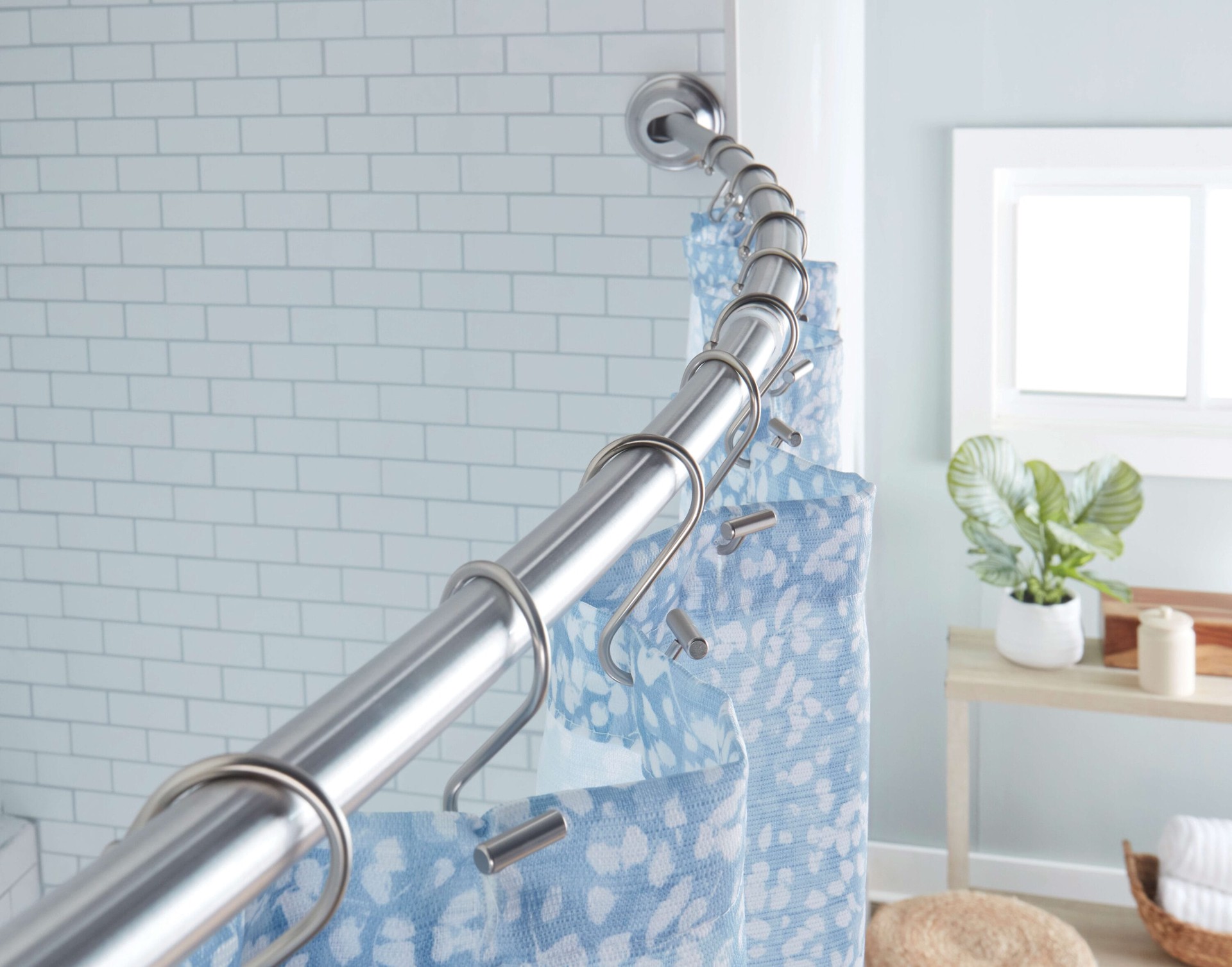 slide 4 of 6, allen + roth 44-in to 72-in Brushed Nickel Fixed or tension Single curve Adjustable Shower Curtain Rod, 1 ct