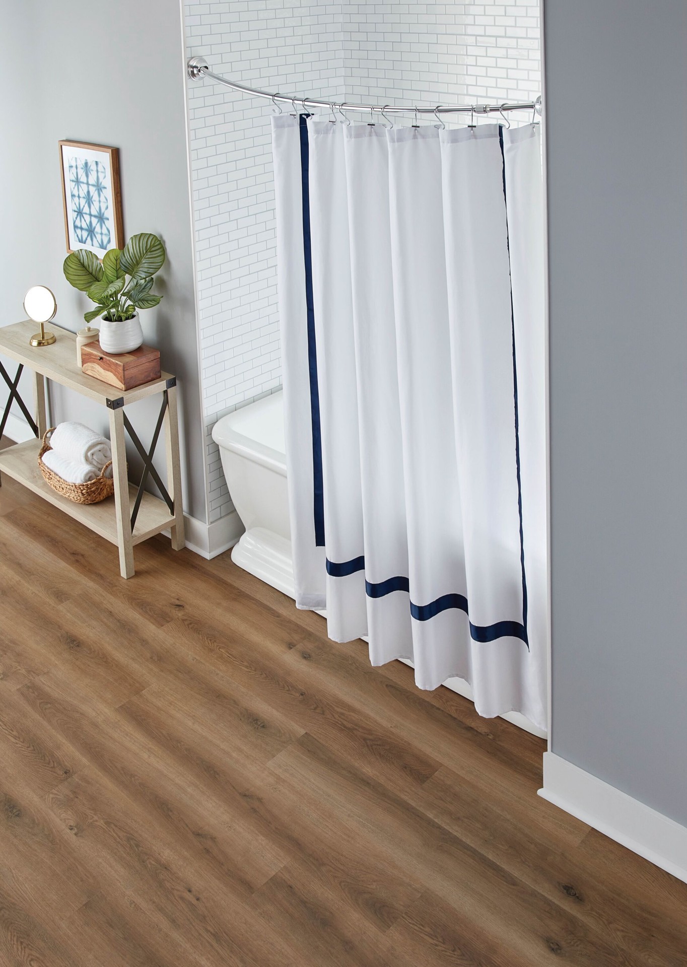 slide 6 of 6, allen + roth SHLSNC01 44-in to 72-in Chrome Fixed or tension Single curve Adjustable Shower Curtain Rod, 1 ct