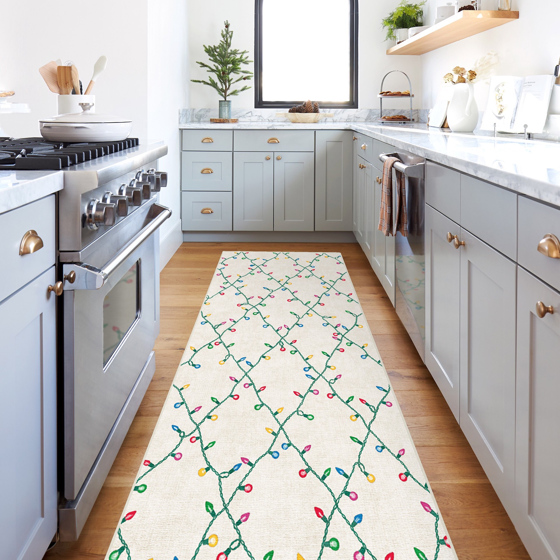 slide 3 of 6, Ruggable Holiday Lights 2 x 7 (ft) Flatweave Chenille Holiday Lights Creme Rectangular Indoor Abstract Machine washable Pet Friendly Rug set 2, 1 ct