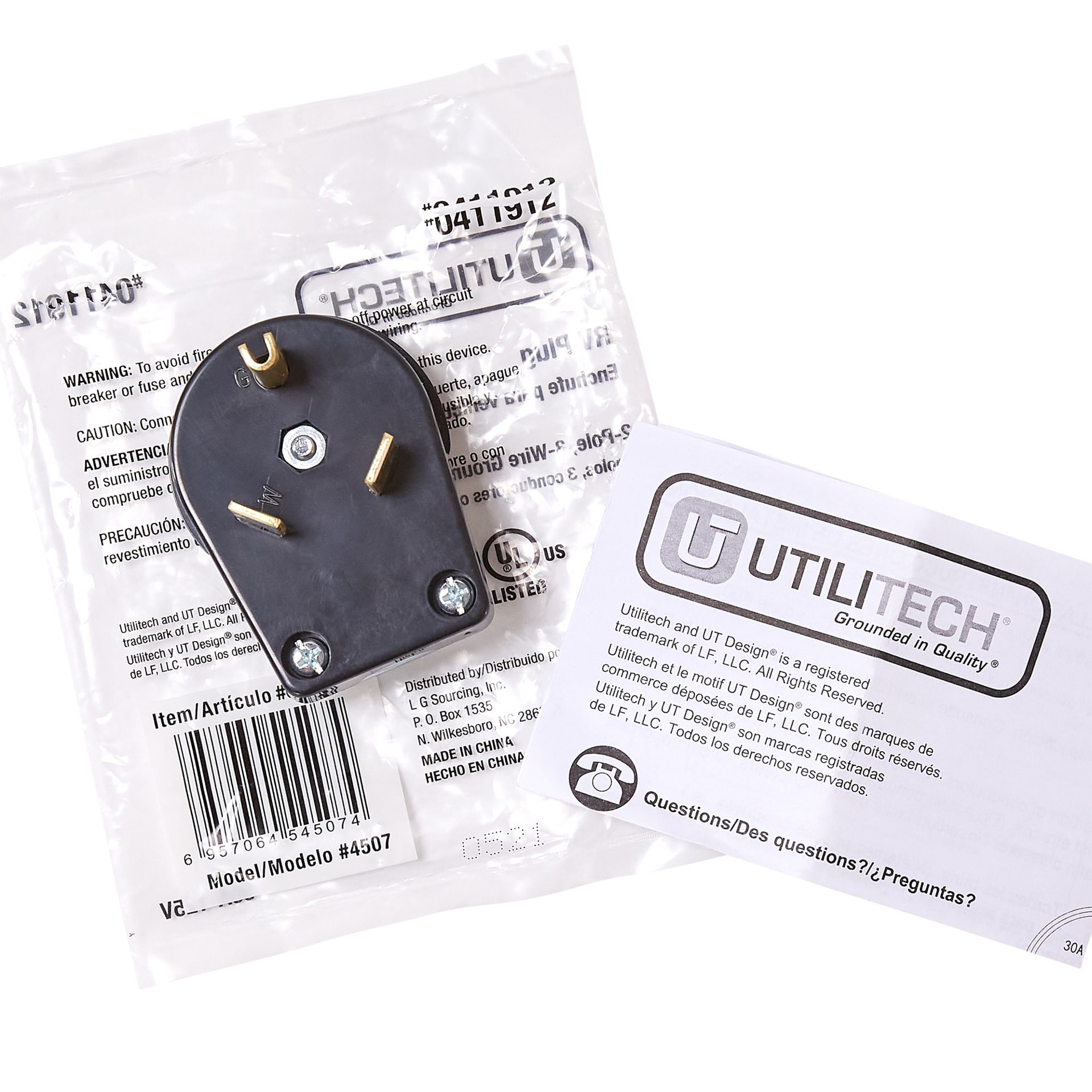 slide 3 of 3, Utilitech 30-Amp 125-Volt NEMA Tt-30p 3-wire Grounding Heavy-duty Straight Plug, Black, 1 ct