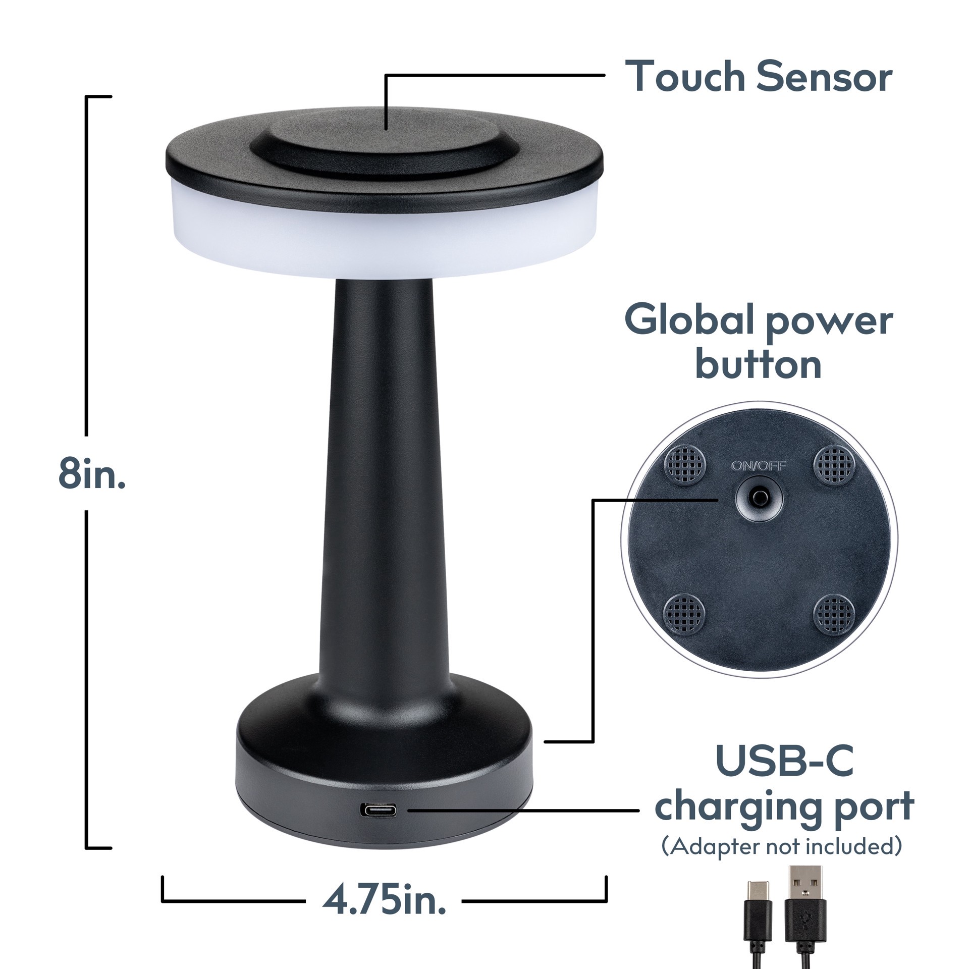slide 6 of 6, Style Selections Modern 8-in Black LED Touch Table Lamp with Plastic Shade, 1 ct