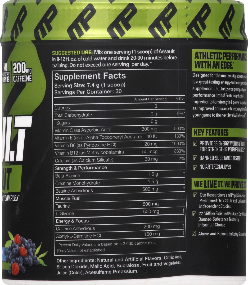 slide 6 of 7, Musclepharm Assault Sport Series Blue Raspberry Pre-Workout Dietary Supplement, 7.83 oz