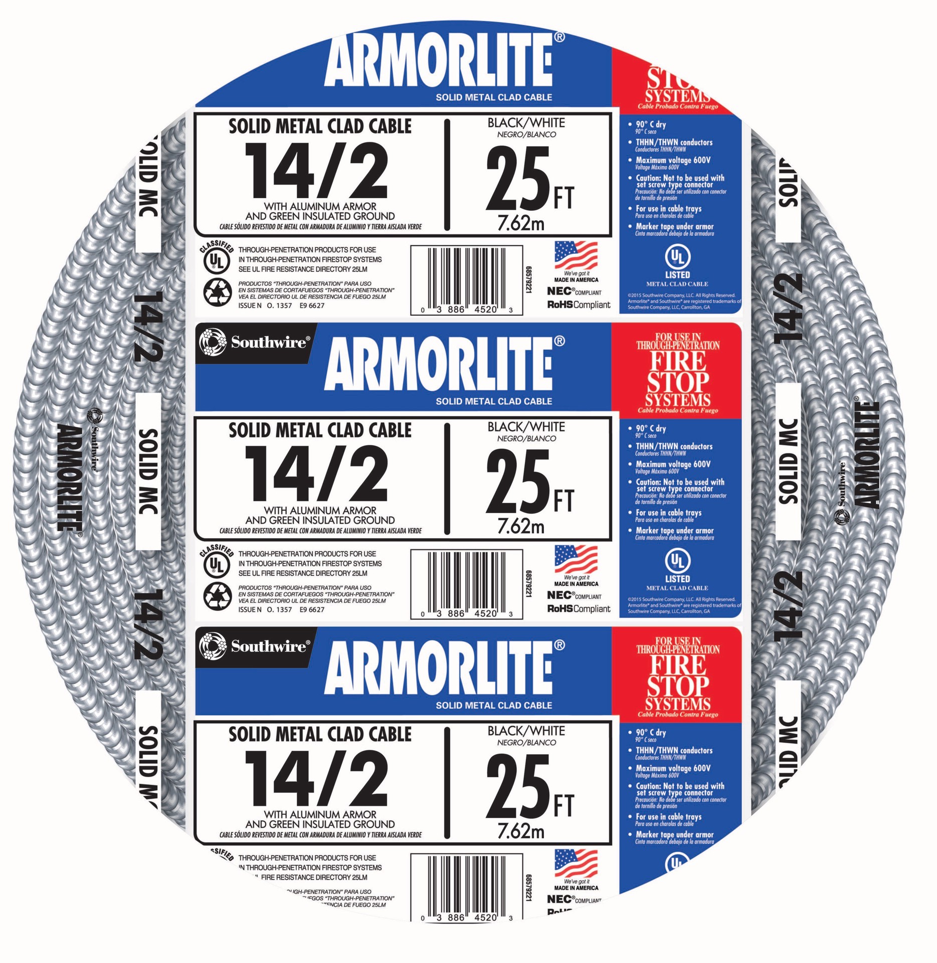 slide 1 of 2, Southwire Armorlite 25-ft 14 / 2 Solid Aluminum MC (Metal Clad) Cable, 1 ct