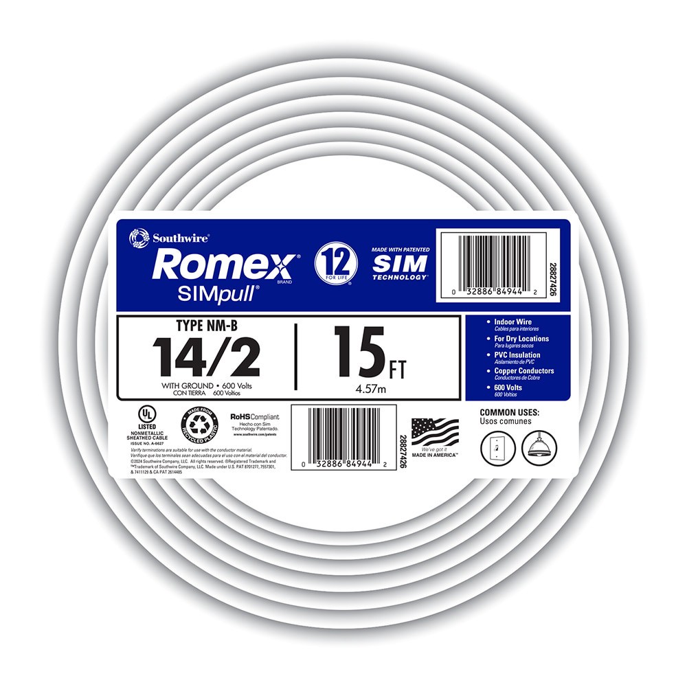 slide 2 of 6, Southwire 15-ft 14 / 2 / Romex SIMpull Solid Indoor CU NM-B W/G Individual pack ( By-the-roll ), 1 ct