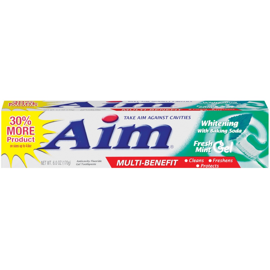 slide 1 of 3, Aim Toothpaste, Anticavity Fluoride, Whitening with Baking Soda, Fresh Mint Gel, 6 oz