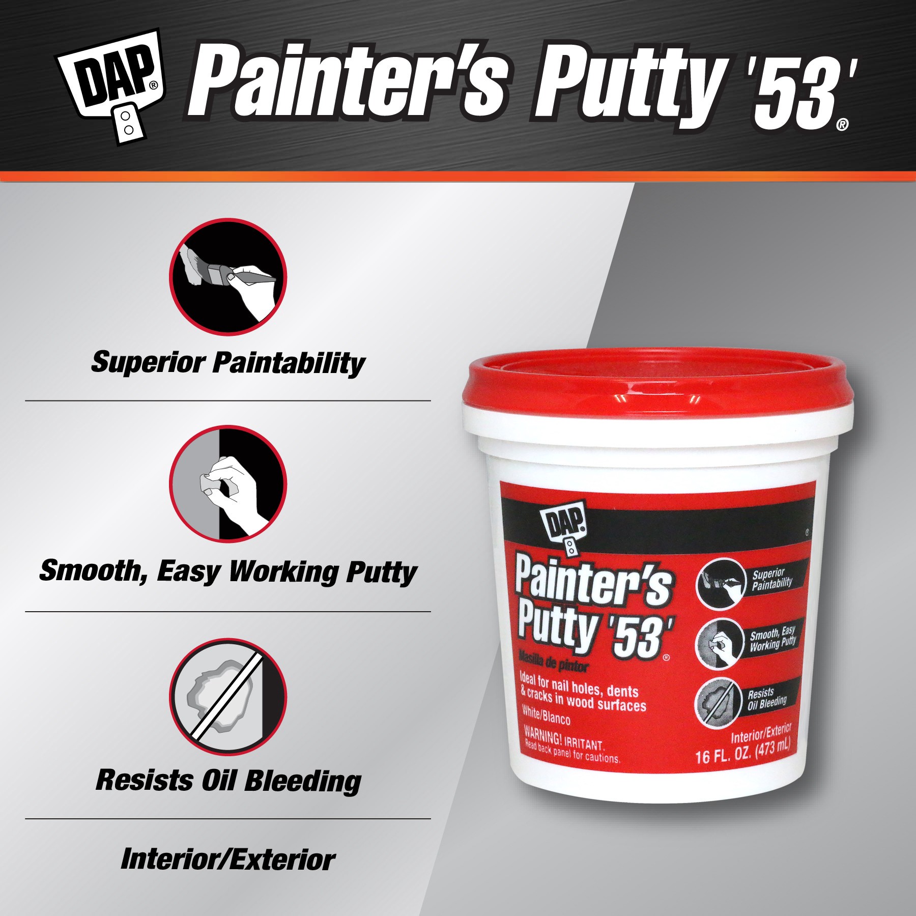 slide 4 of 6, DAP Painters Putty White Interior/Exterior Waterproof , Spackling 1 Pint(s), 1 ct