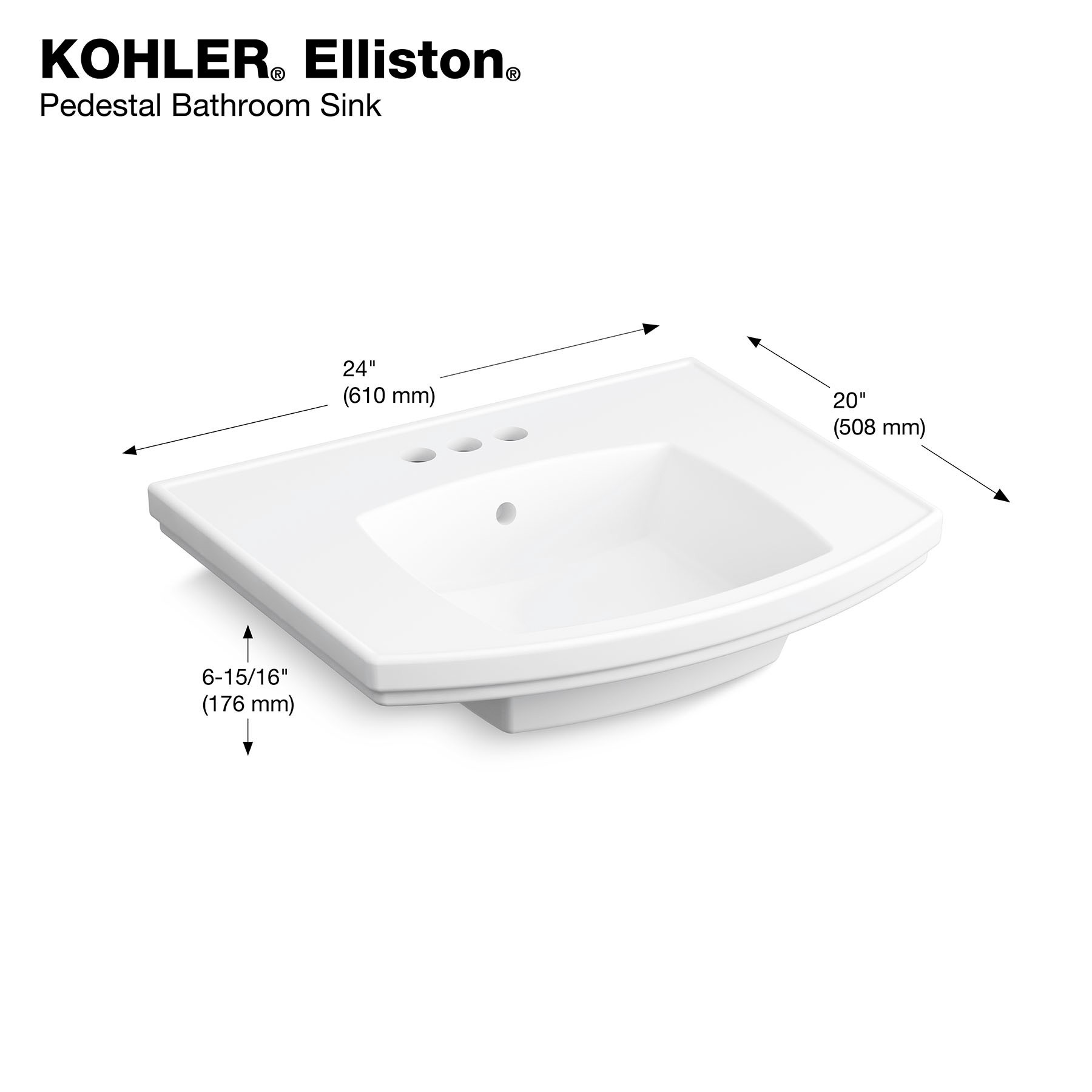 slide 3 of 6, KOHLER Elliston Vitreous china Traditional White Pedestal Sink Top ( 25-in x 20-in x 6.94-in, 1 ct