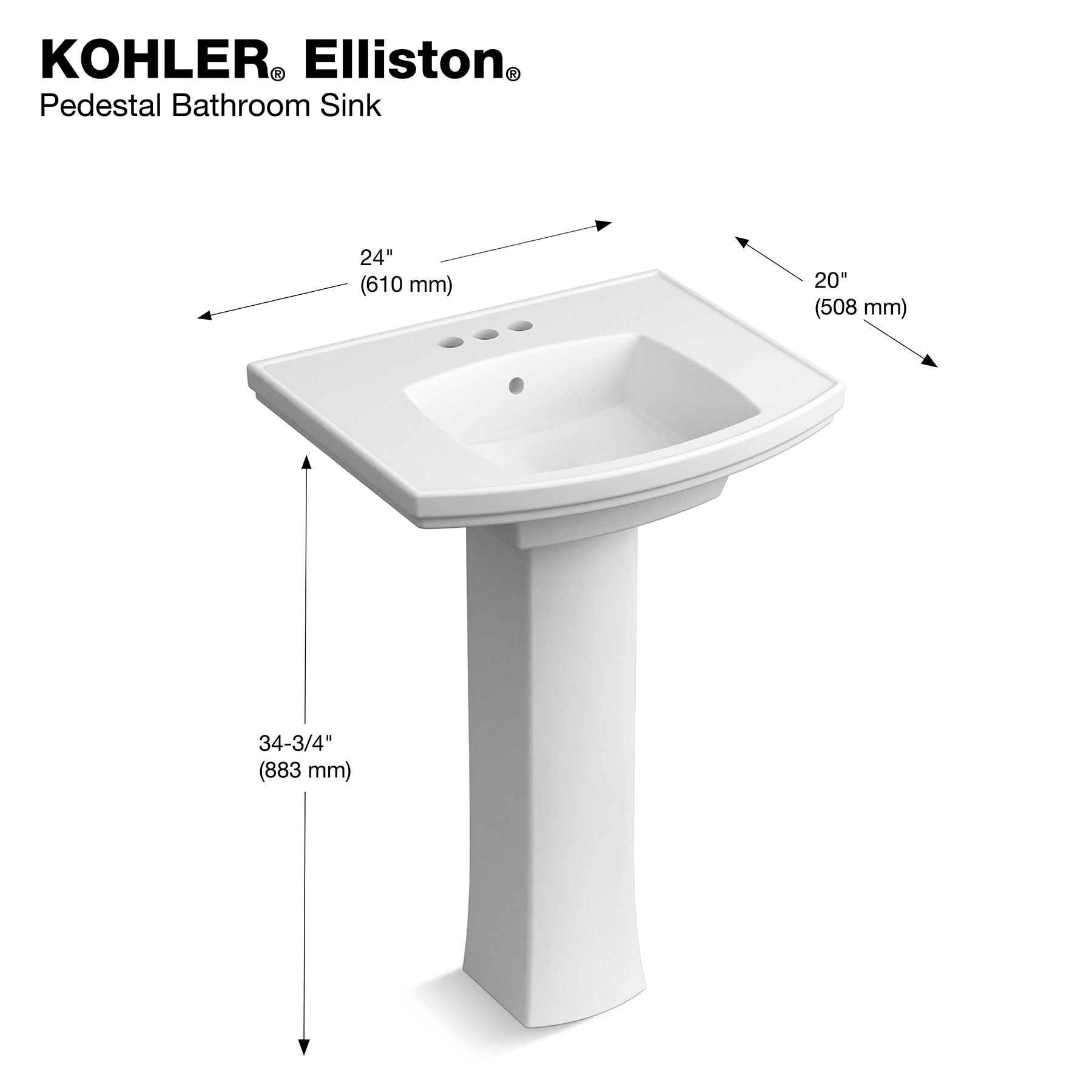 slide 4 of 6, KOHLER Elliston Vitreous china Traditional White Pedestal Sink Top ( 25-in x 20-in x 6.94-in, 1 ct