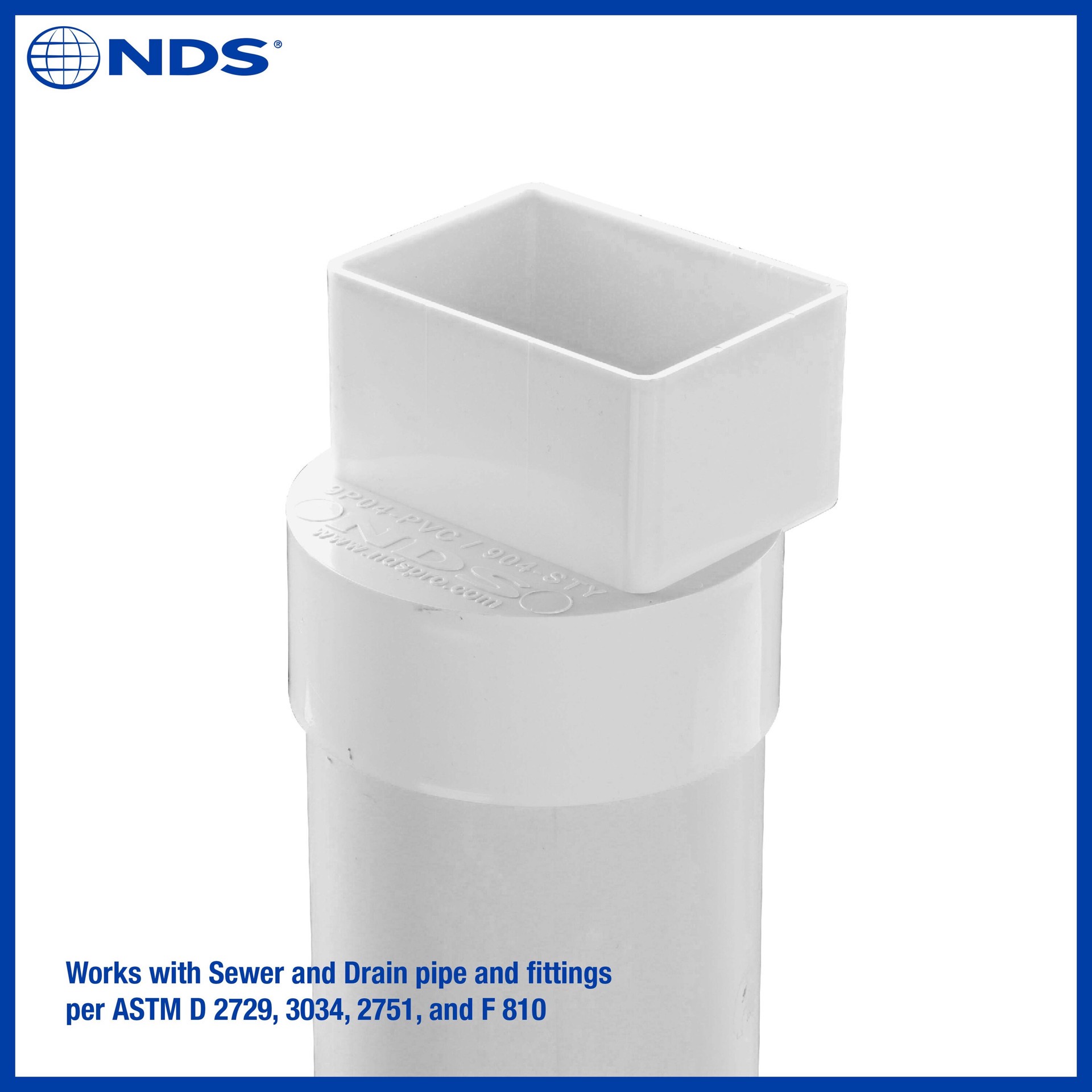 slide 4 of 6, NDS PVC Offset Downspout Adapter, 2X3 in. Downspout X 4 in. Sewer and Drain Hub, 1 ct