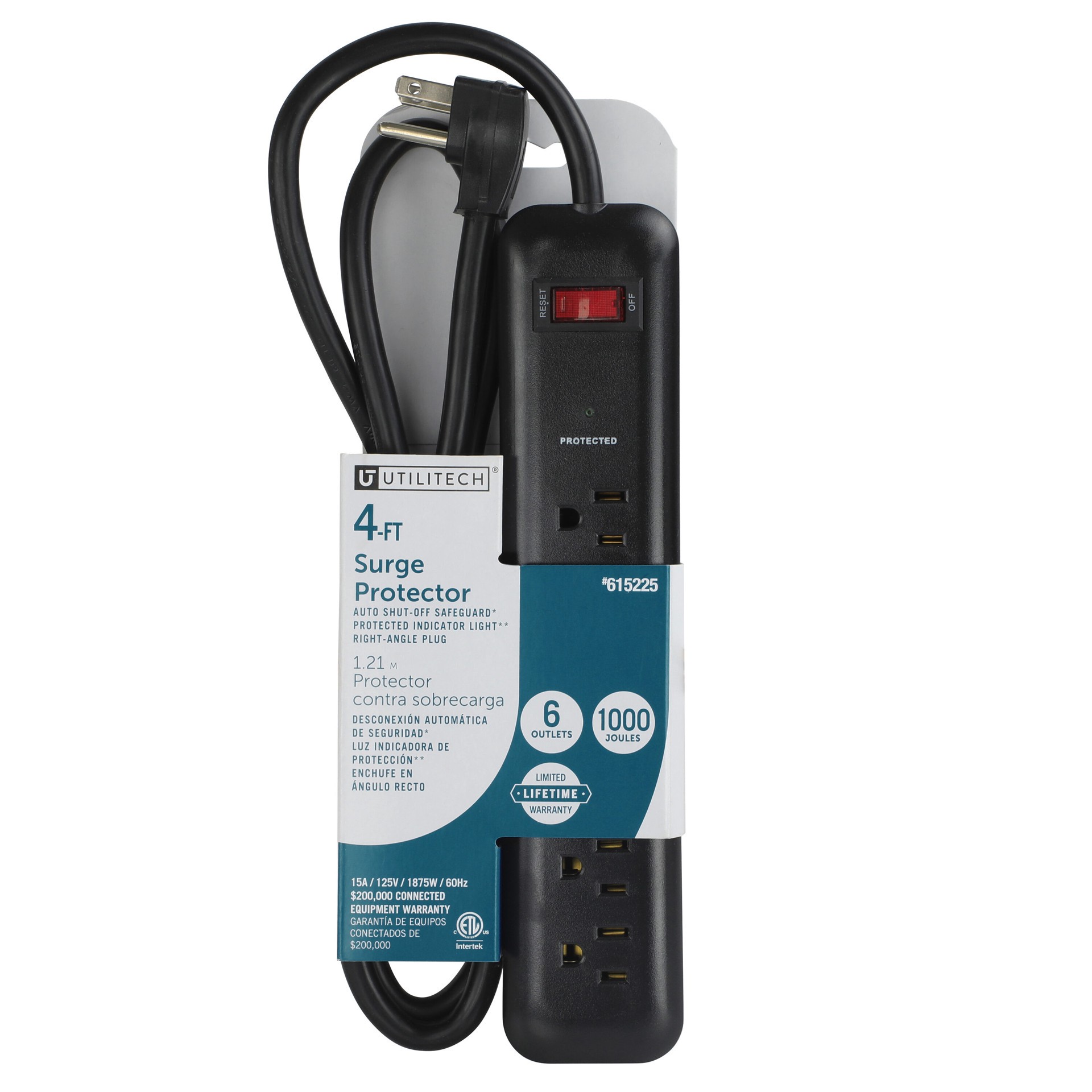 slide 1 of 5, Utilitech 4-ft Surge Protector 6 -Outlet 1000 Joules 1875 -Watts Black Indoor AC Surge Protector, 1 ct