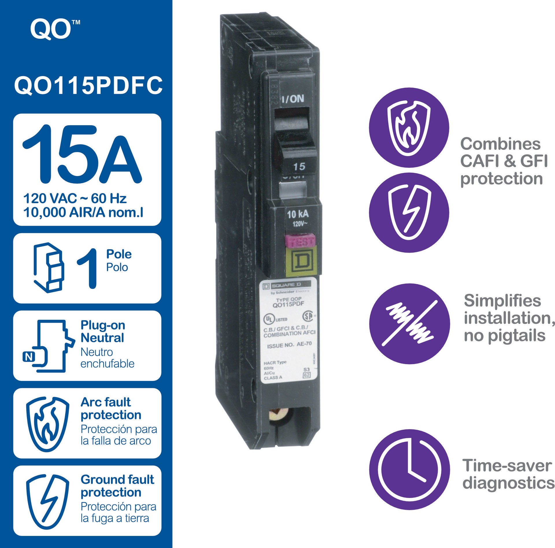 slide 2 of 2, Square D QO 15-amp 1 -Pole Dual function AFCI/GFCI Plug-On Neutral Circuit Breaker, 1 ct