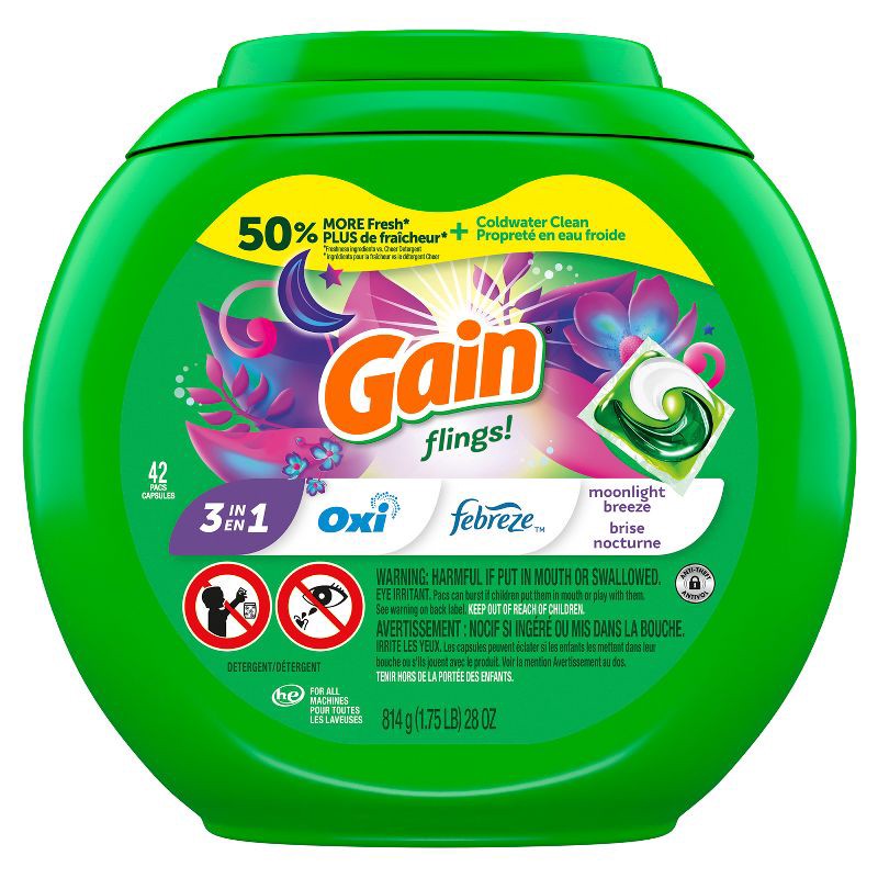 slide 12 of 13, Gain flings! Moonlight Breeze HE Deep Cleaning Concentrated Laundry Detergent Pods 42 Pacs - 28oz, 42 ct