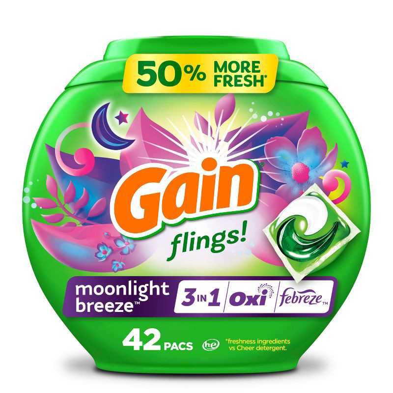 slide 1 of 13, Gain flings! Moonlight Breeze HE Deep Cleaning Concentrated Laundry Detergent Pods 42 Pacs - 28oz, 42 ct