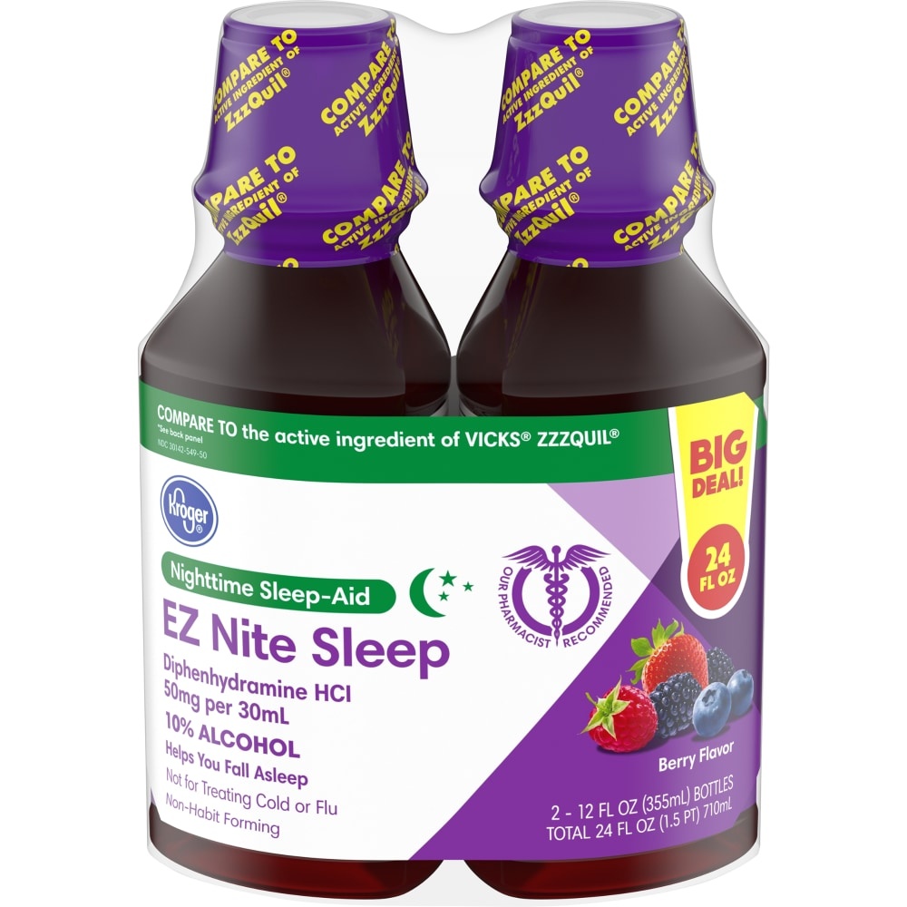 slide 1 of 1, Kroger Ez Nite Sleep Berry Flavor Nighttime Sleep-Aid Liquid, 2 ct; 12 fl oz