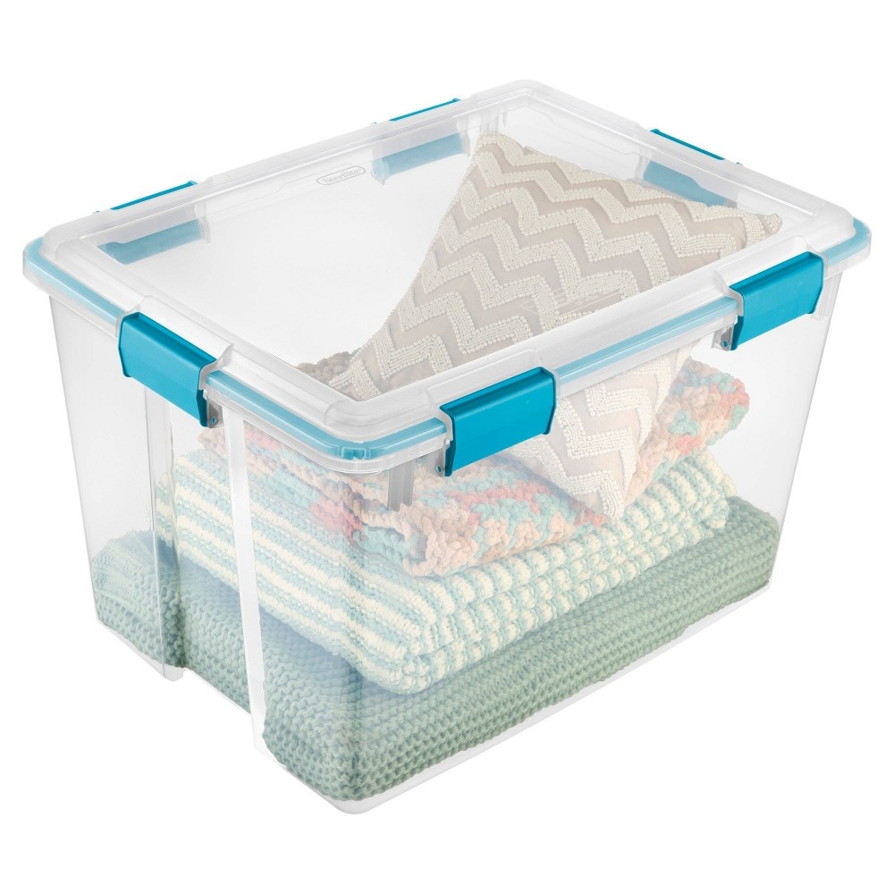 slide 4 of 6, Sterilite Gasket Box Clear with Blue Latches, 80 qt