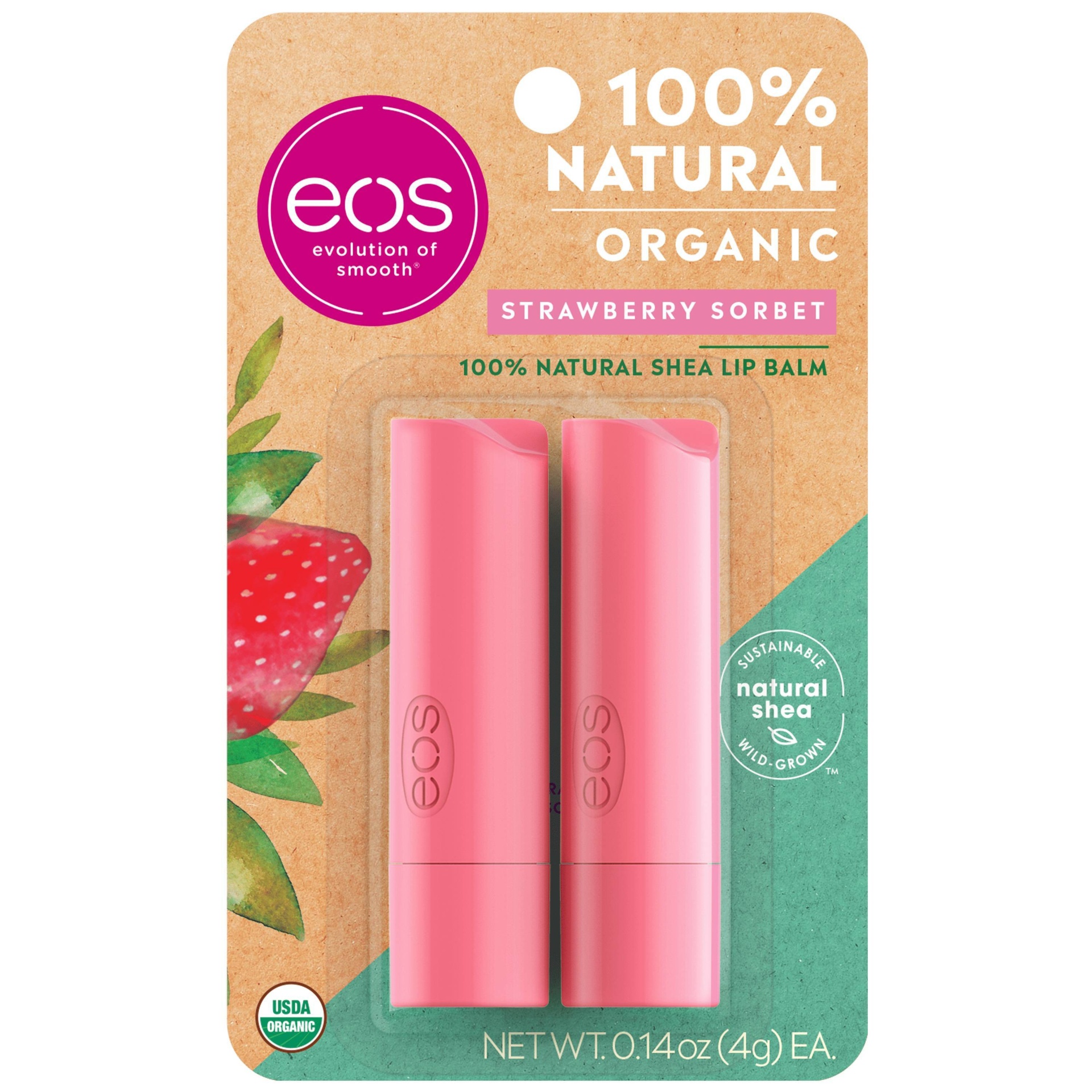 slide 1 of 6, eos Natural & Organic Lip Balm Sticks - Strawberry Sorbet - 2pk/0.28oz, 2 ct; 0.28 oz